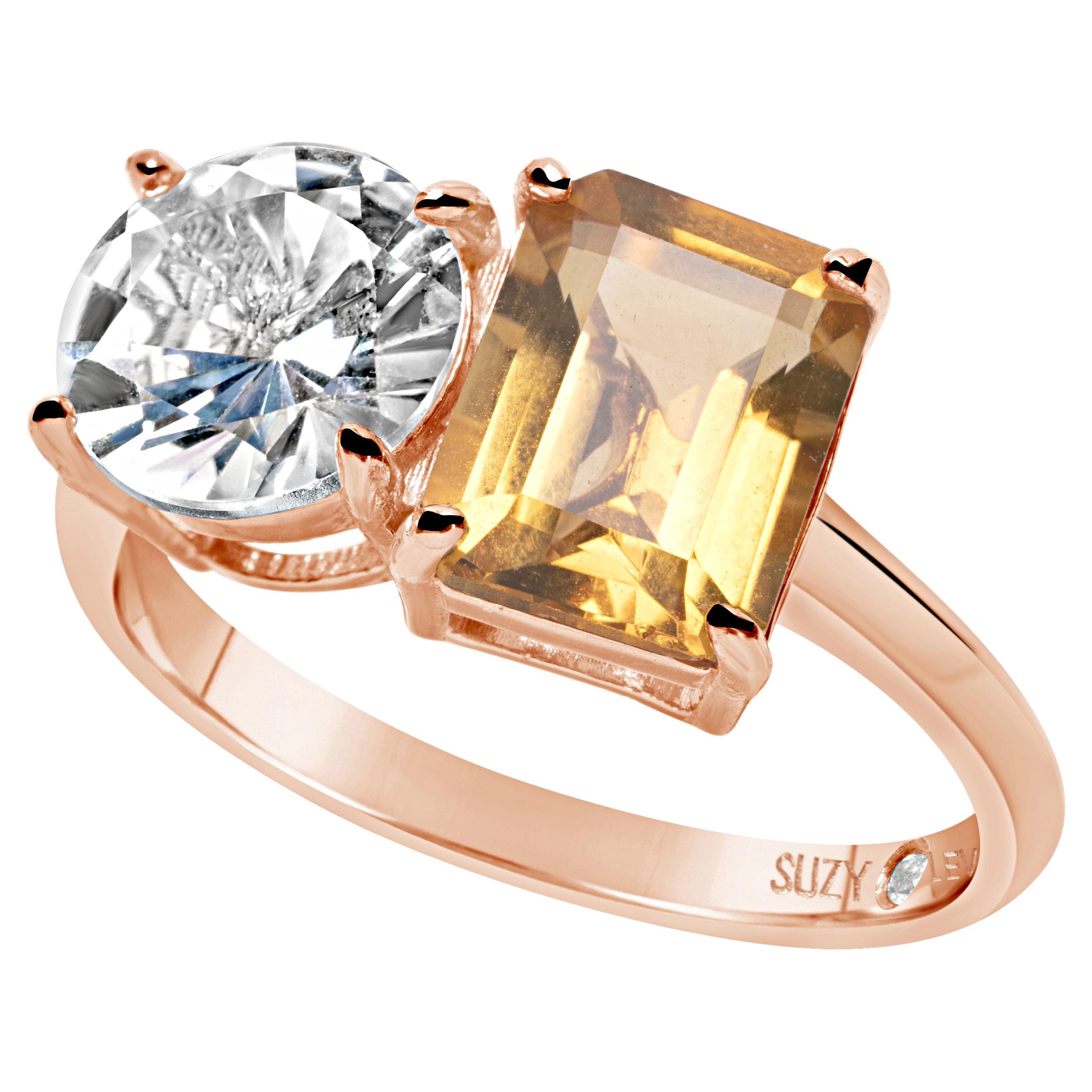 Suzy Levian Zwei-Stein-Ring, Rose, Sterlingsilber, Weißer Topas und orangefarbener Citrin