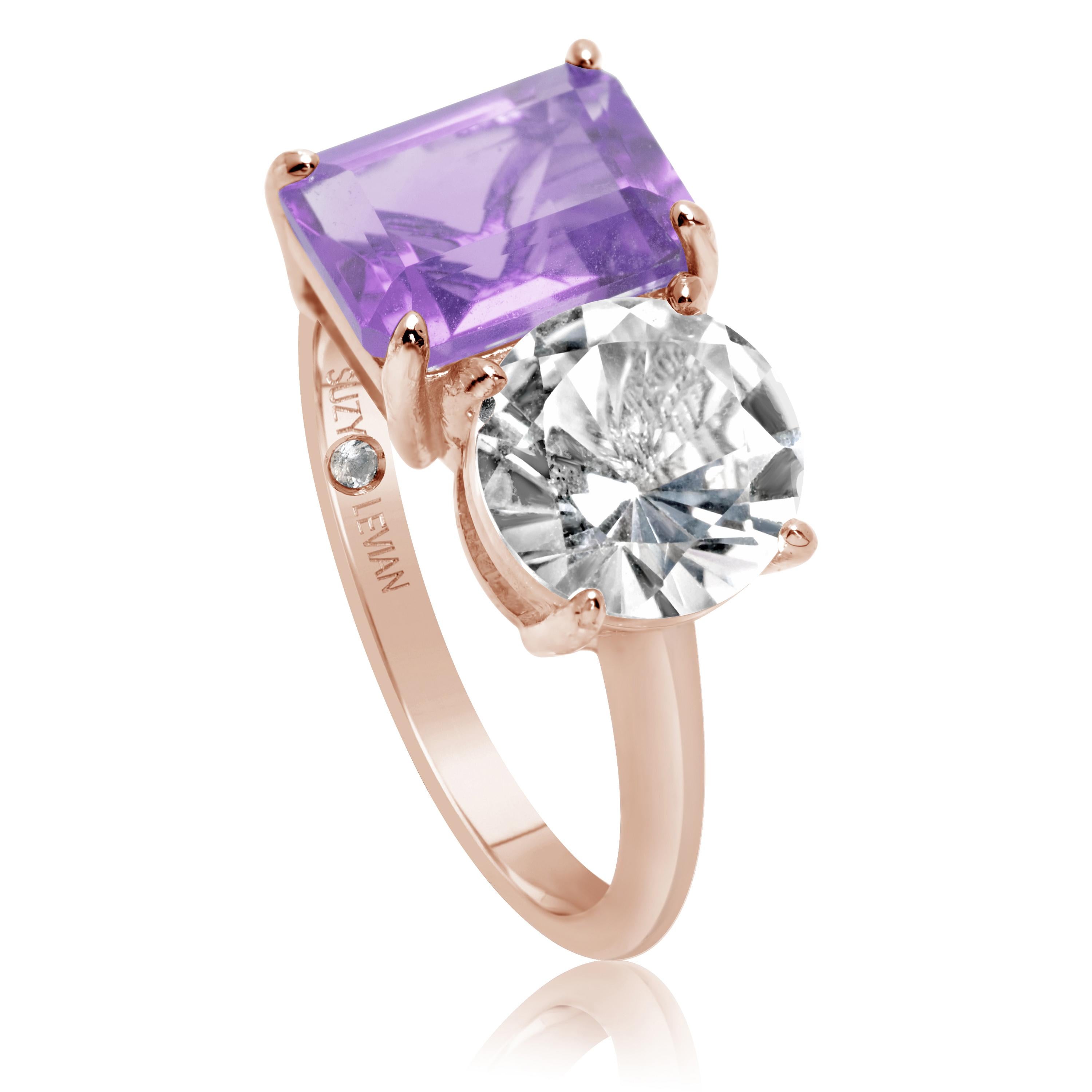 Contemporary Suzy Levian Rose Sterling Silver White Topaz & Purple Amethyst Two Stone Ring For Sale