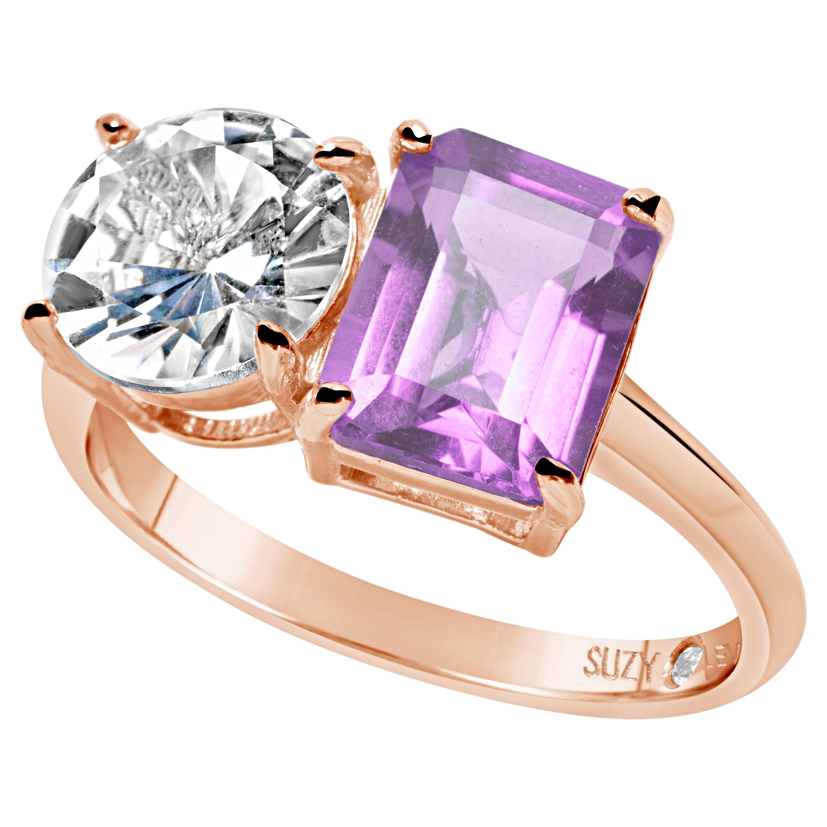 Suzy Levian Rose Sterling Silver White Topaz & Purple Amethyst Two Stone Ring (bague à deux pierres en argent)