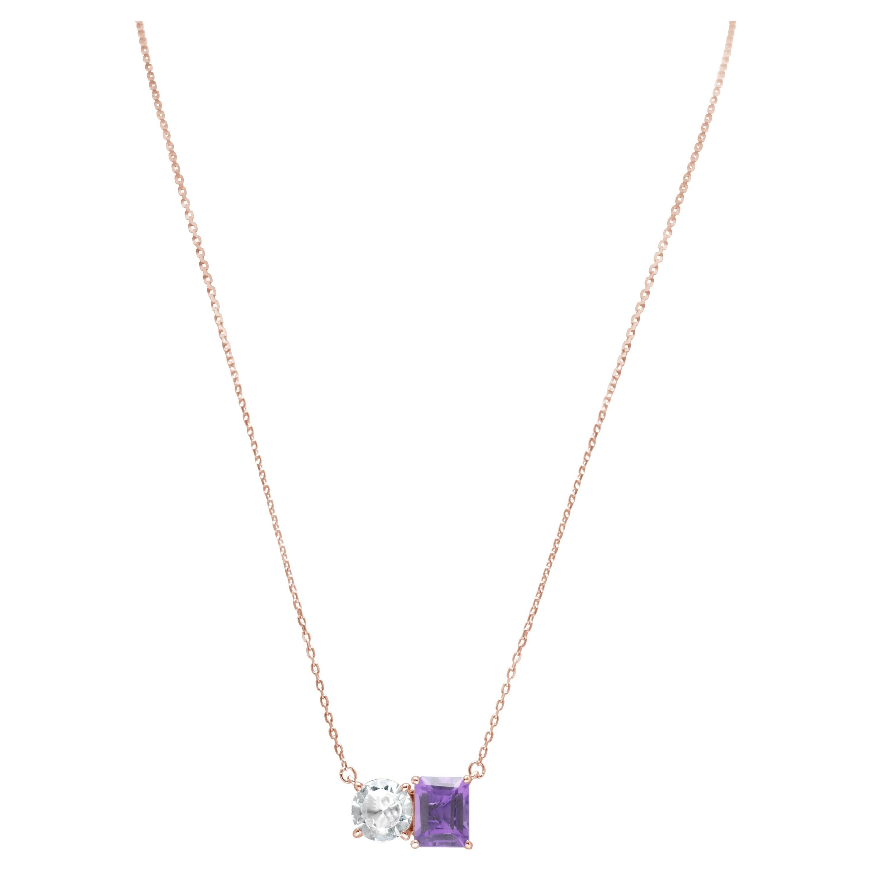 Suzy Levian Rose Sterling Silver White Topaz & PurpleAmethyst Two Stone Necklace For Sale