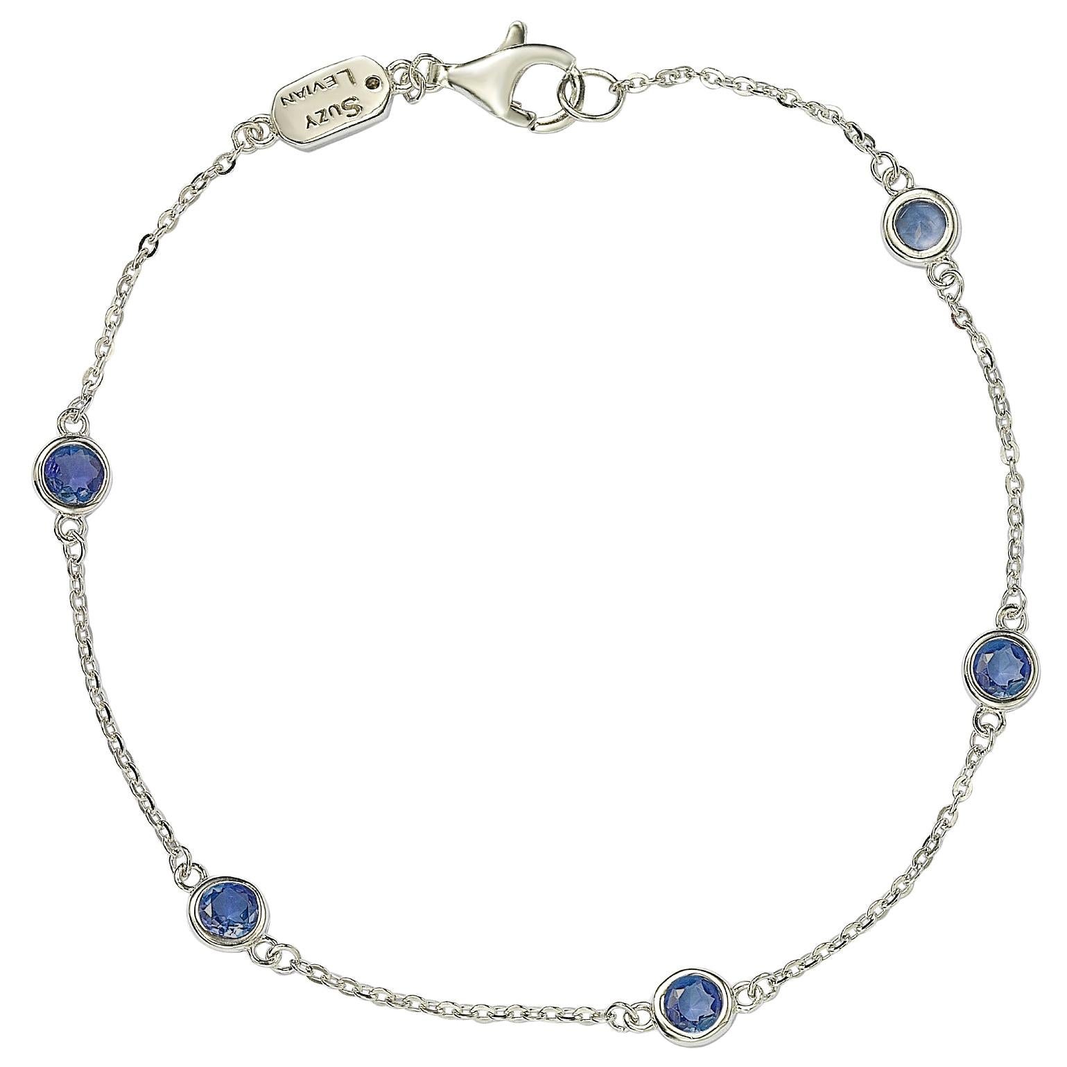 Suzy Levian Sterling Silver Bezel Set Sapphire Station Chain Bracelet