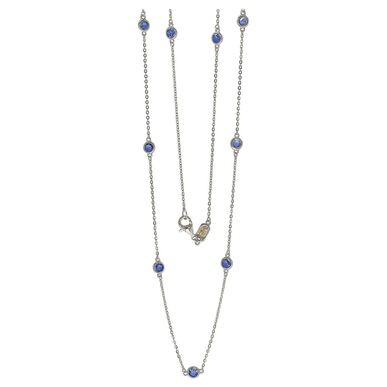 Suzy Levian Sterling Silver Bezel Set Sapphire Station Necklace For Sale