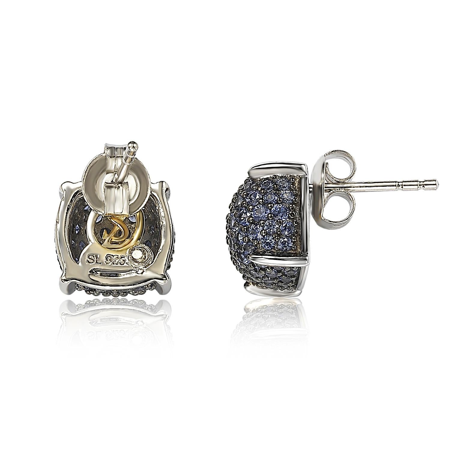 Contemporary Suzy Levian Sterling Silver Sapphire and Diamond Accent Pave Cluster Earrings For Sale