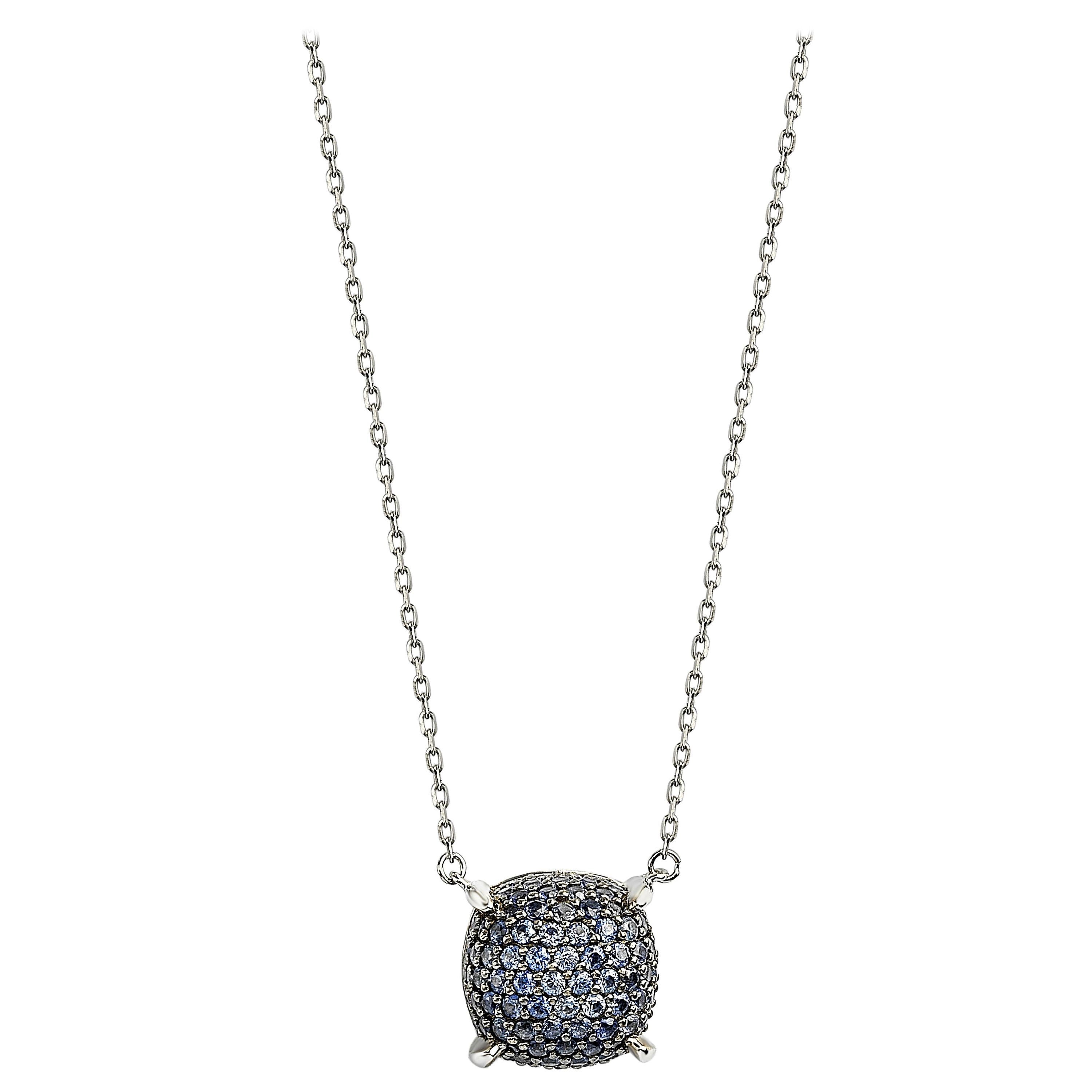 Suzy Levian Sterling Silver Sapphire and Diamond Accent Pave Cluster Necklace For Sale