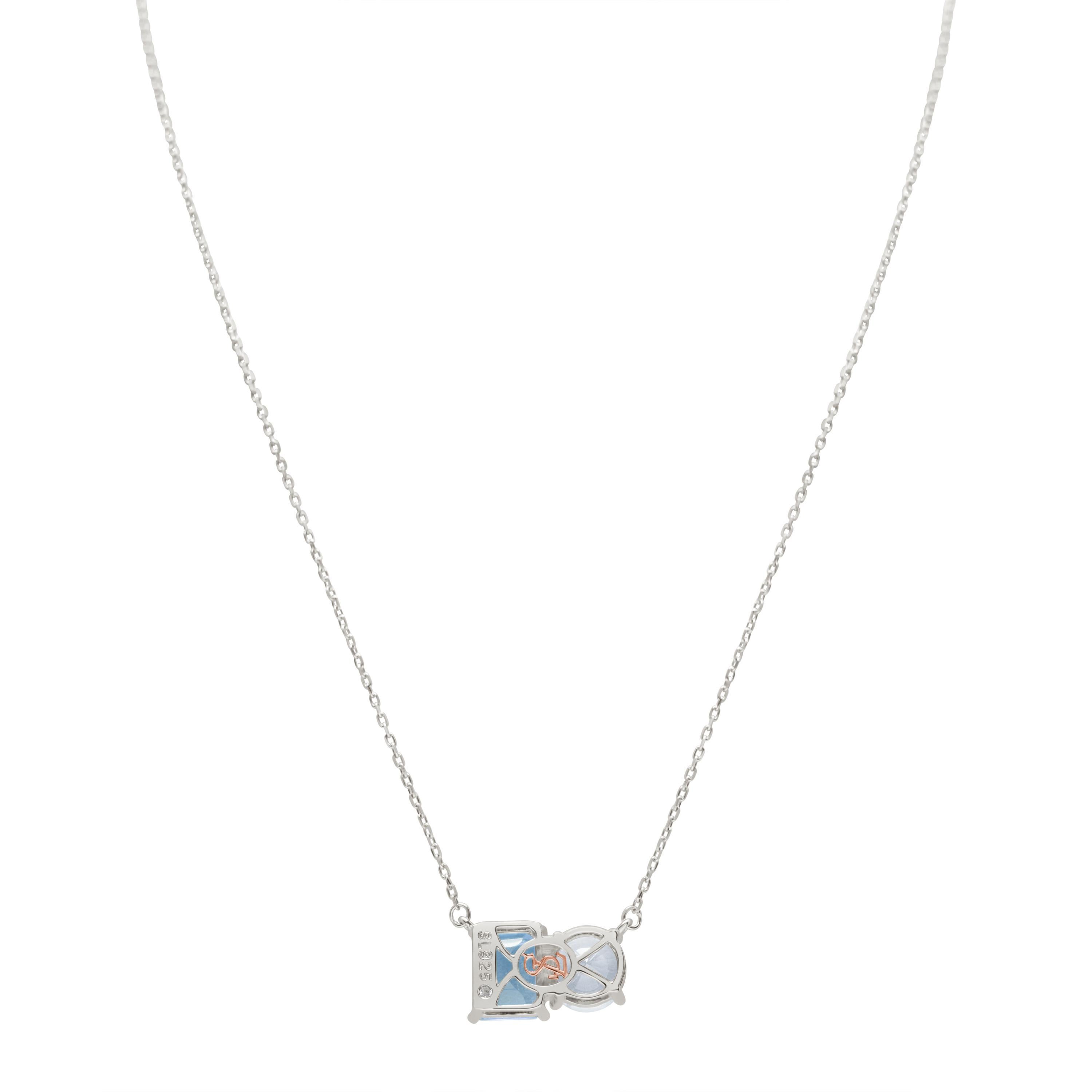 Shimmering in hues of white and blue, this Suzy Levian necklace is as on trend as can be, and features a round cut white topaz and an emerald cut blue topaz as a perfectly matched pair. This necklace symbolizes a perfect pairing of unique shapes.