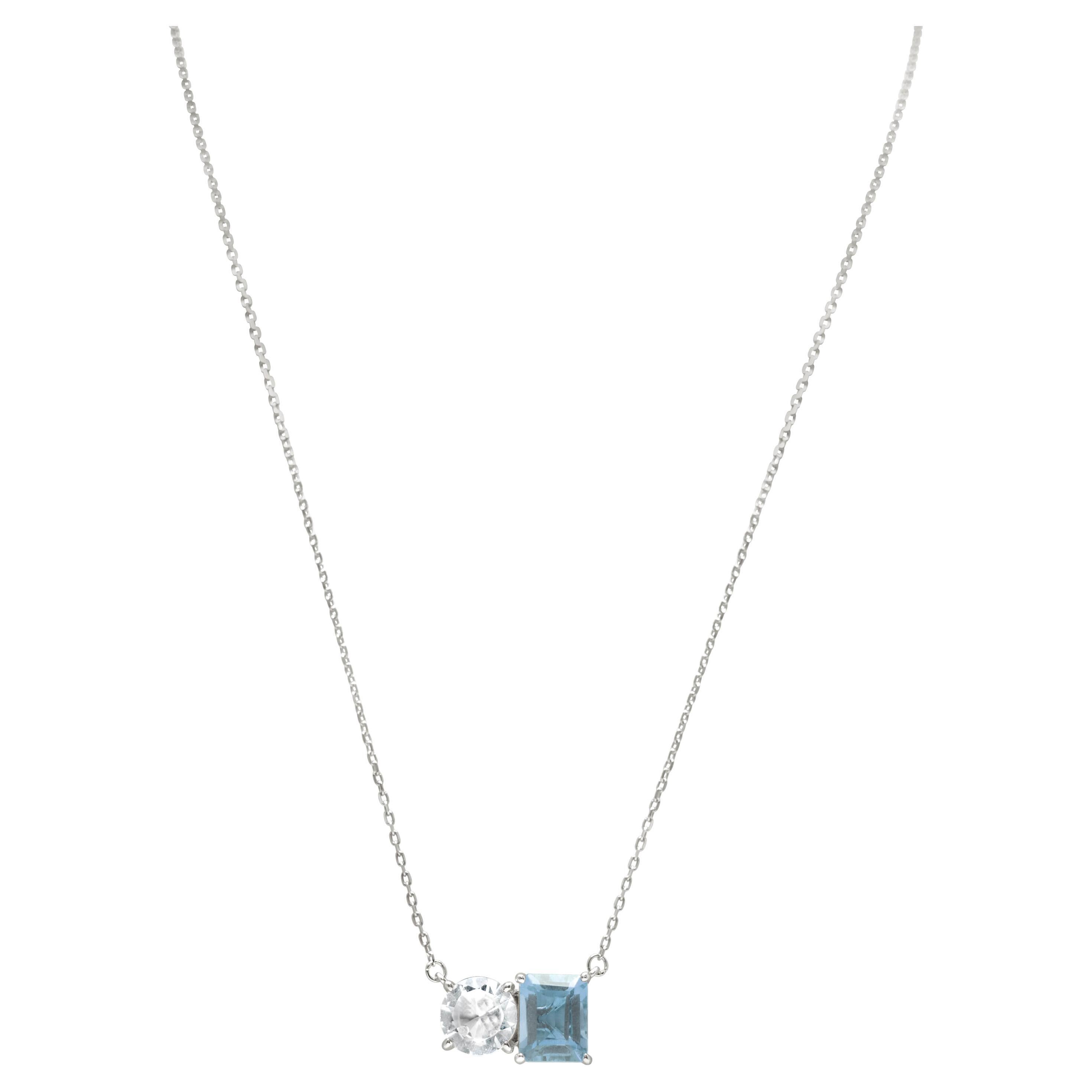 Suzy Levian Sterling Silver White Topaz & Blue Topaz Two Stone Necklace For Sale