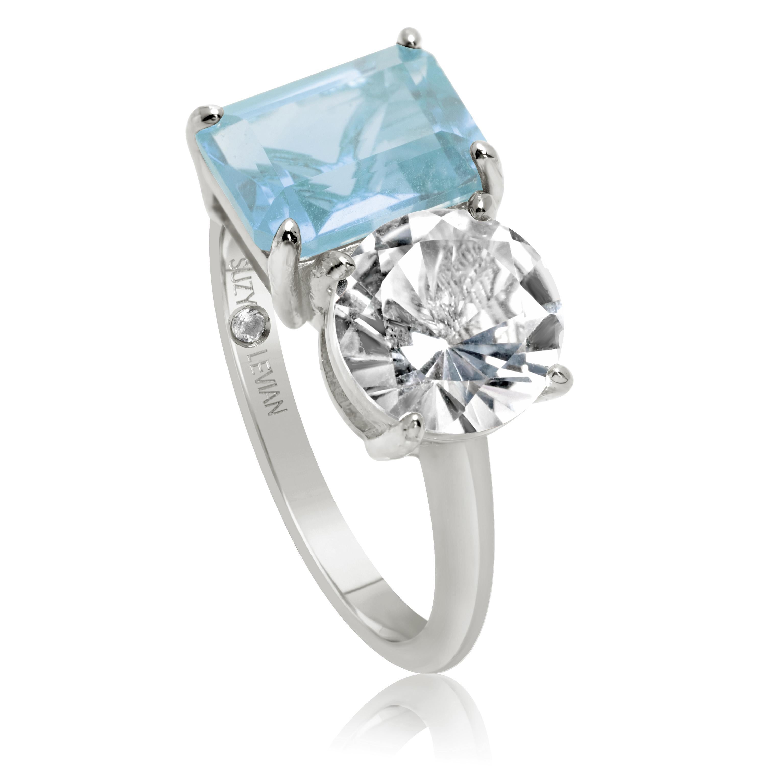 Contemporary Suzy Levian Sterling Silver White Topaz & Blue Topaz Two Stone Ring For Sale