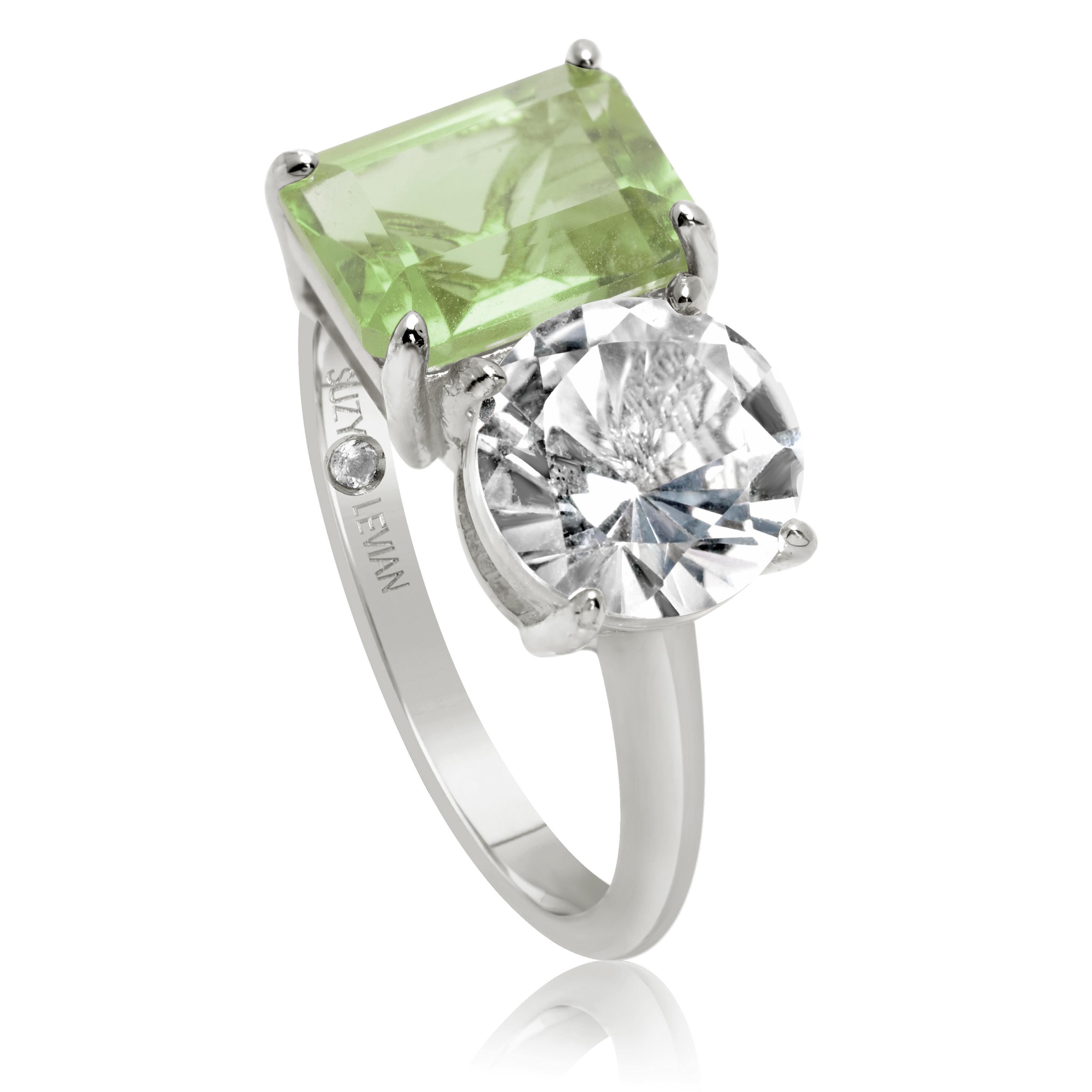 Contemporary Suzy Levian Sterling Silver White Topaz & Green Amethyst Two Stone Ring For Sale