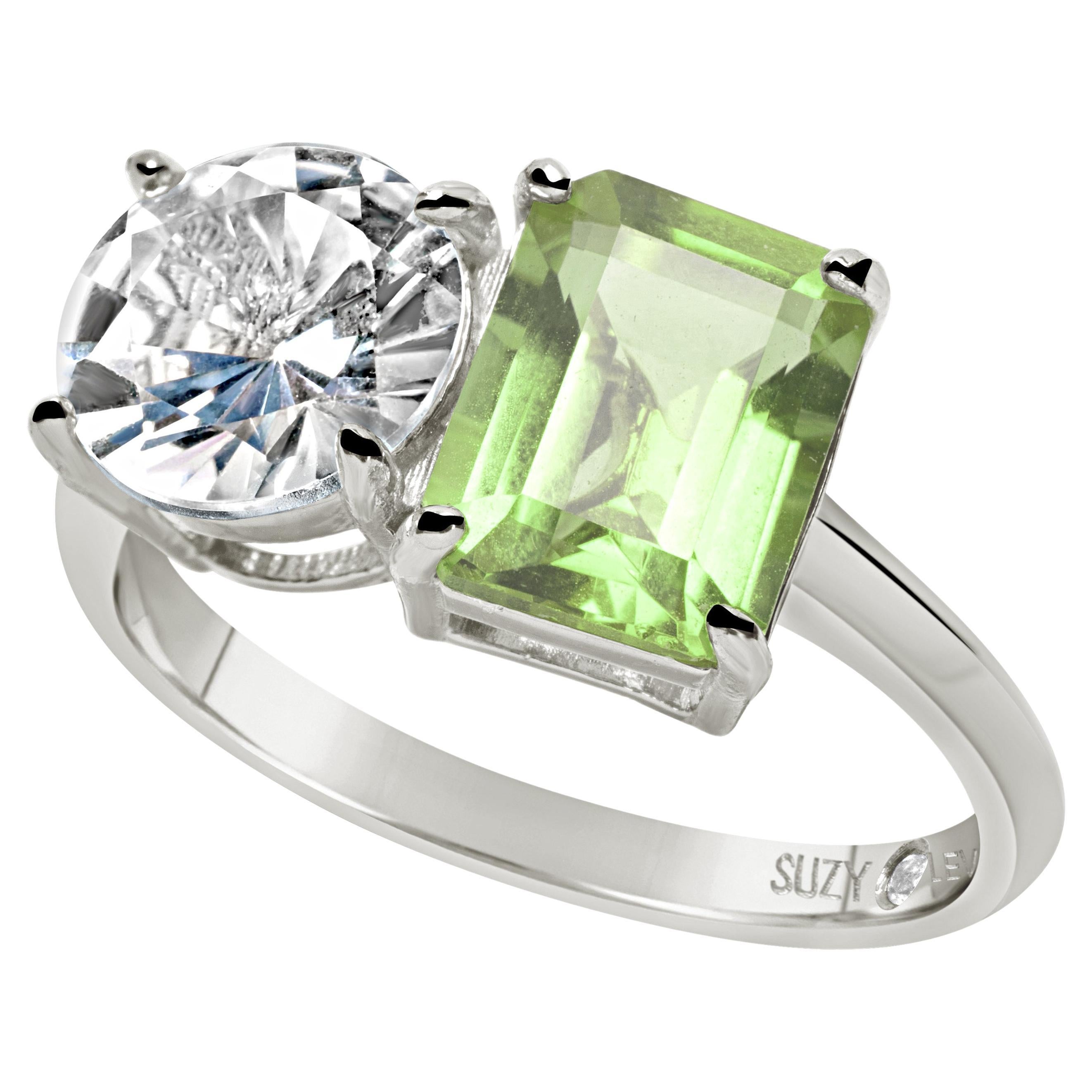 Suzy Levian Sterling Silver White Topaz & Green Amethyst Two Stone Ring For Sale