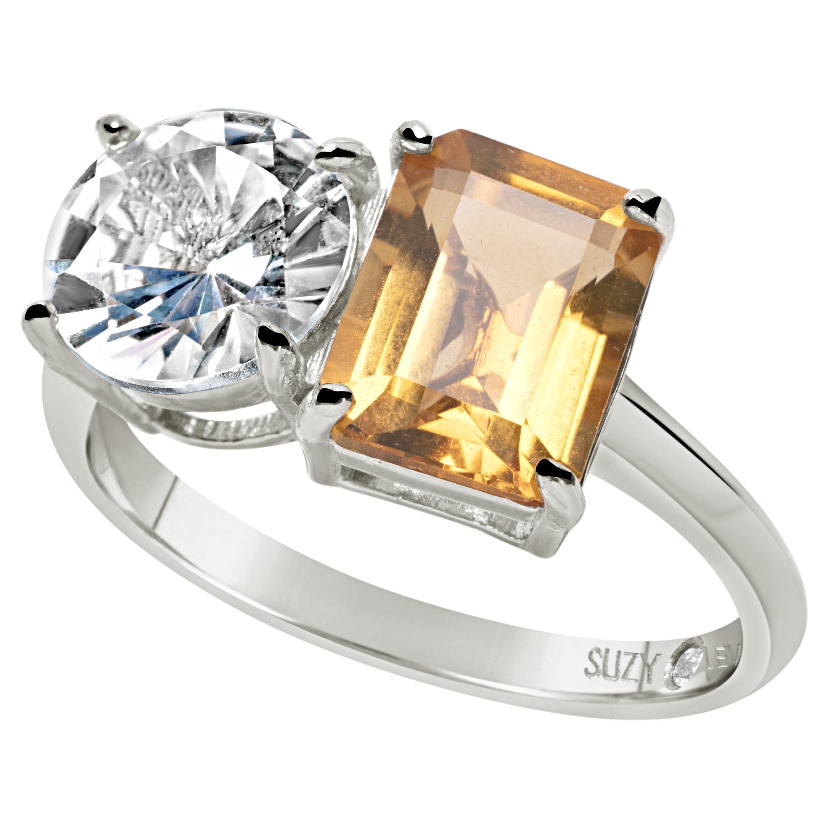 Suzy Levian Sterling Silver White Topaz & Orange Citrine Two Stone Ring For Sale