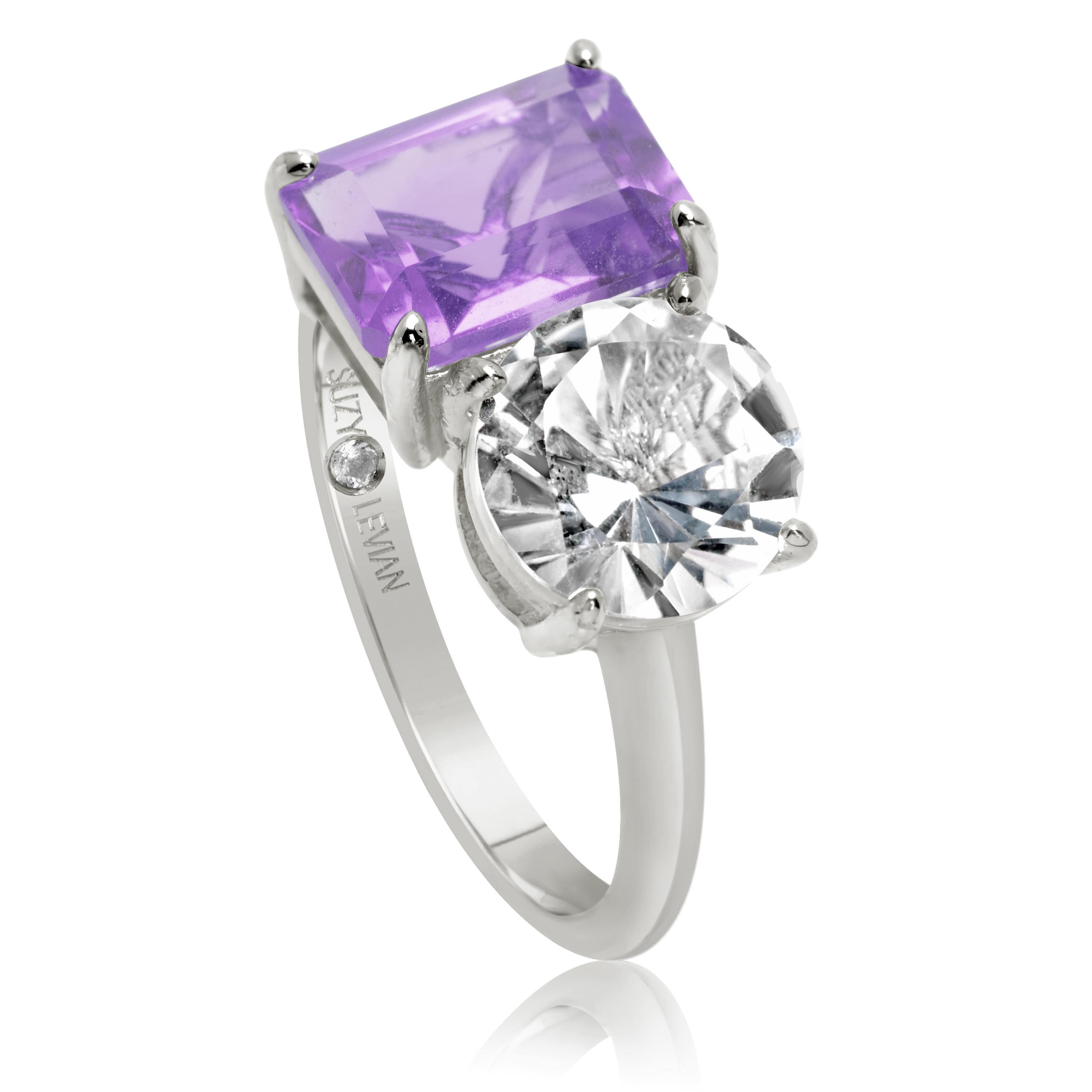 Contemporary Suzy Levian Sterling Silver White Topaz & Purple Amethyst Two Stone Ring For Sale