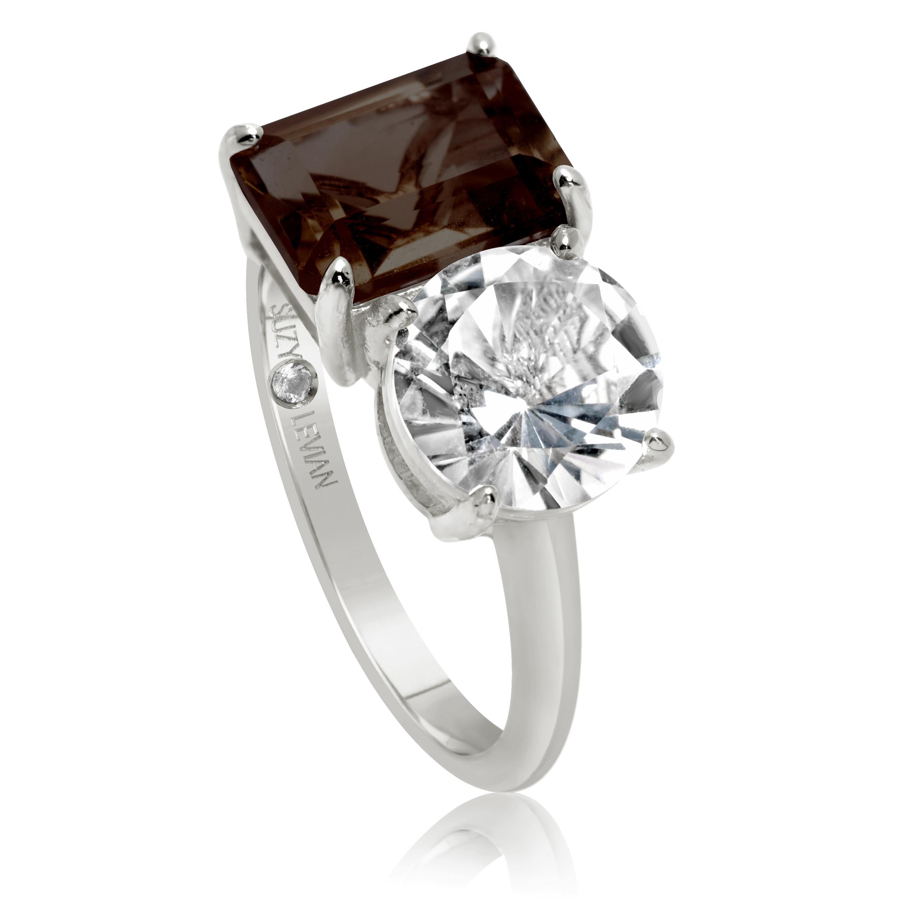 Contemporary Suzy Levian Sterling Silver White Topaz & Smoky Quartz Two Stone Ring For Sale