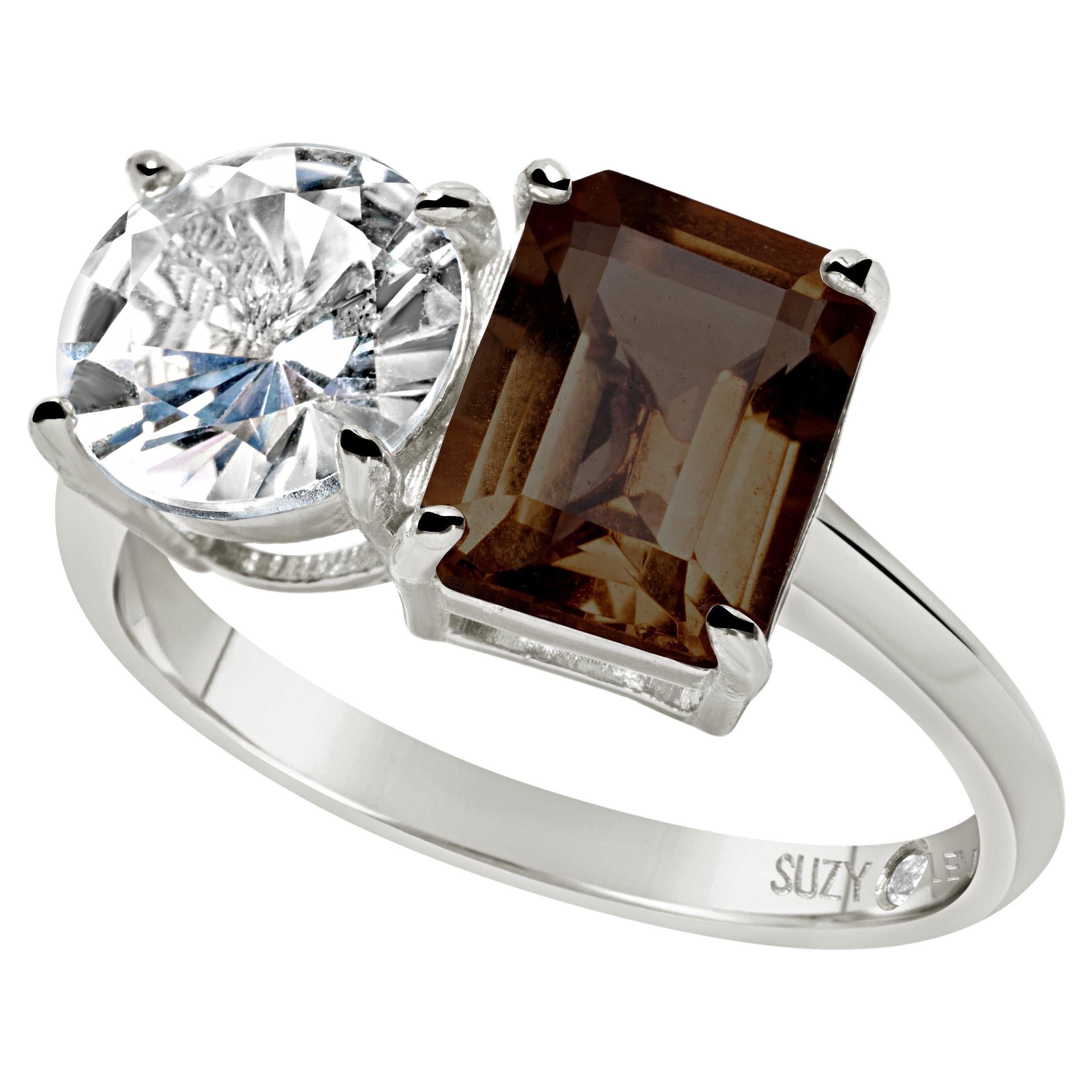 Bague Suzy Levian en argent sterling, topaze blanche et quartz fumé en vente