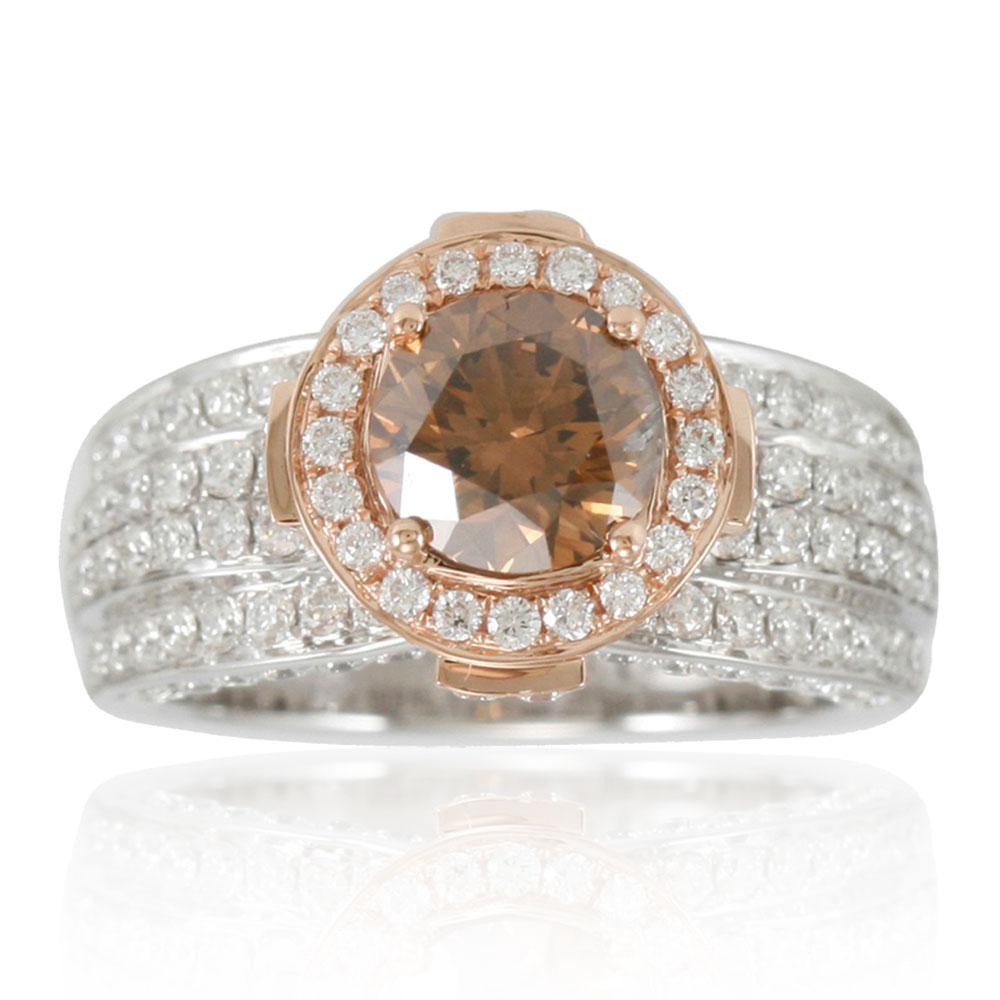 Round Cut Suzy Levian Two-Tone 18 Karat Gold Brown and White Diamond Bridal Ring