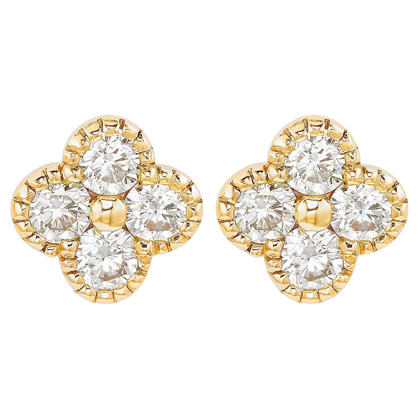 Suzy Levian Yellow Gold 0.70 CTTW Diamond Clover Stud Earrings For Sale