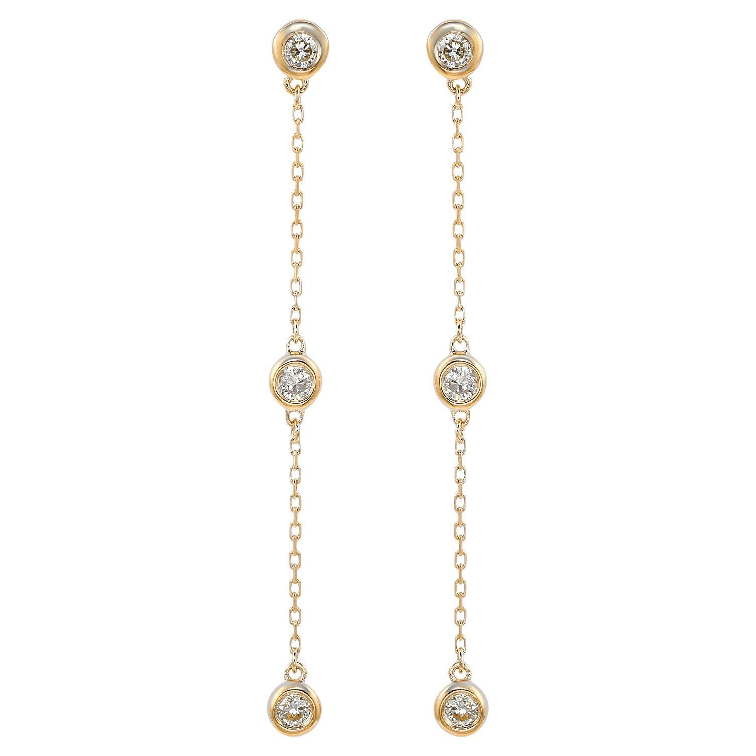 Suzy Levian Yellow Gold 0.80 CTTW Diamond Station Dangle Earrings For Sale
