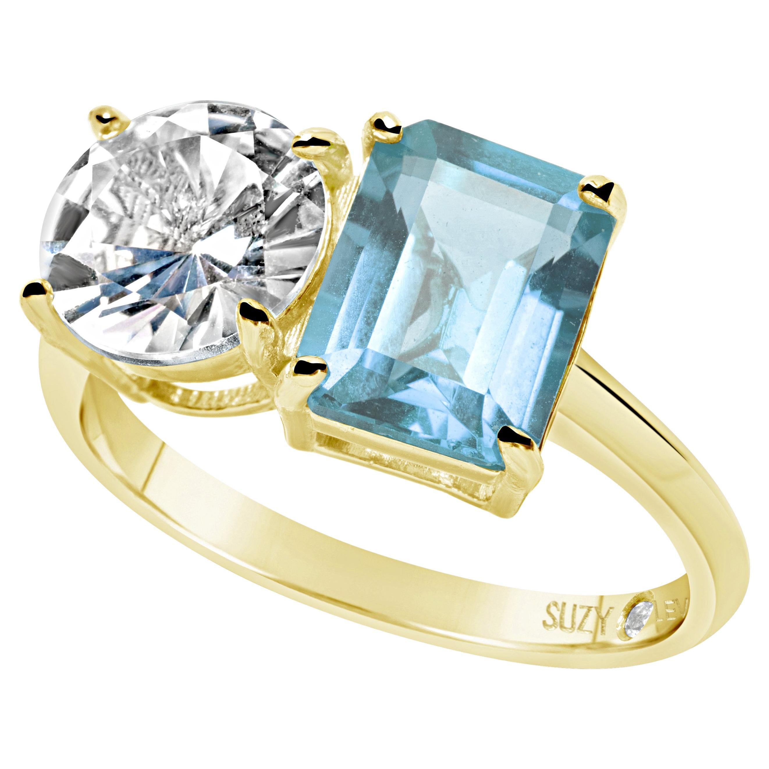 Suzy Levian Yellow Sterling Silver White Topaz & Blue Topaz Two Stone Ring For Sale