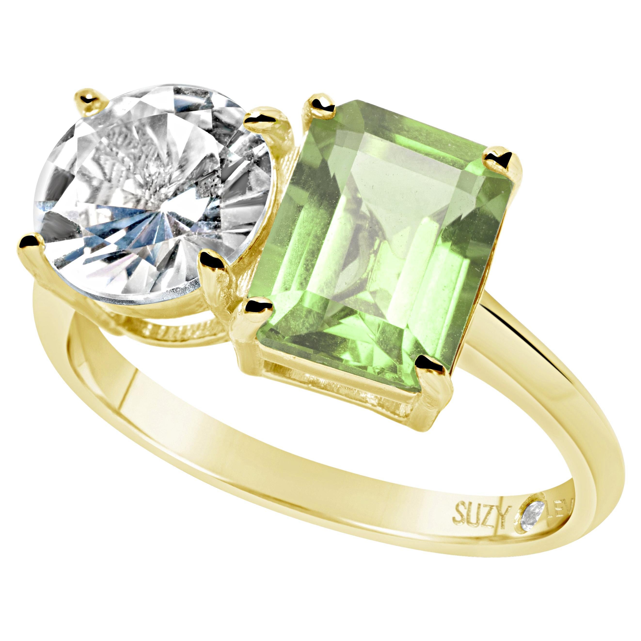 Suzy Levian Yellow Sterling Silver White Topaz & Green Amethyst Two Stone Ring For Sale