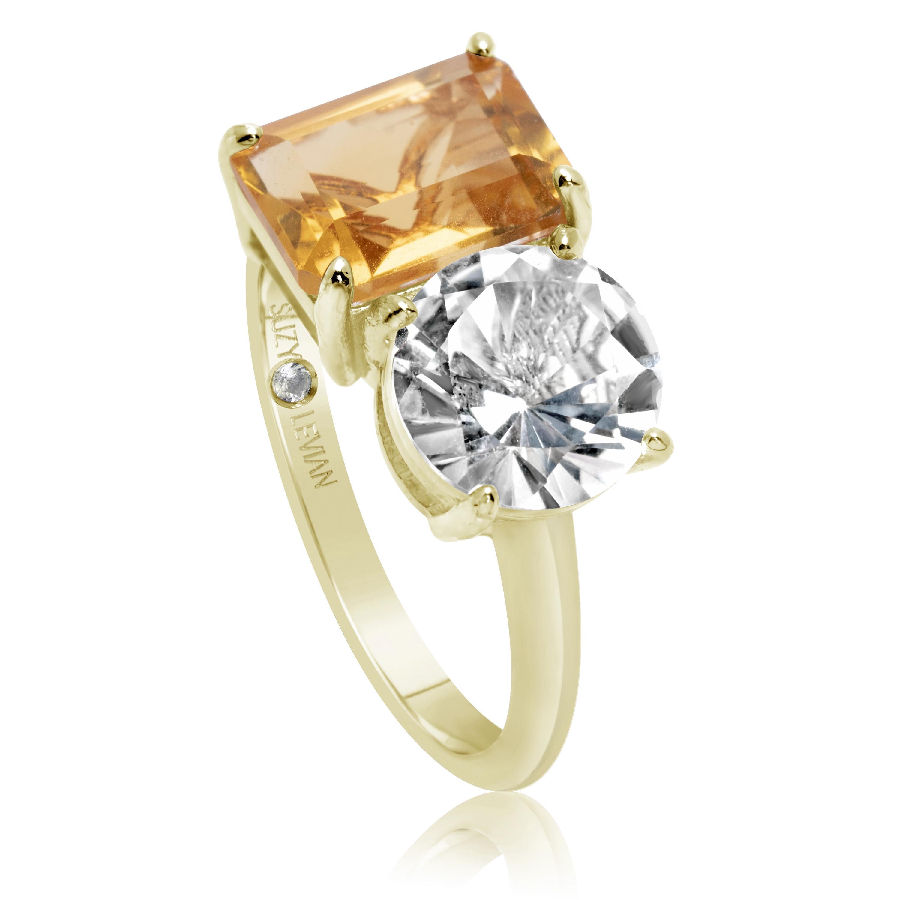 Contemporary Suzy Levian Yellow Sterling Silver White Topaz & Orange Citrine Two Stone Ring For Sale