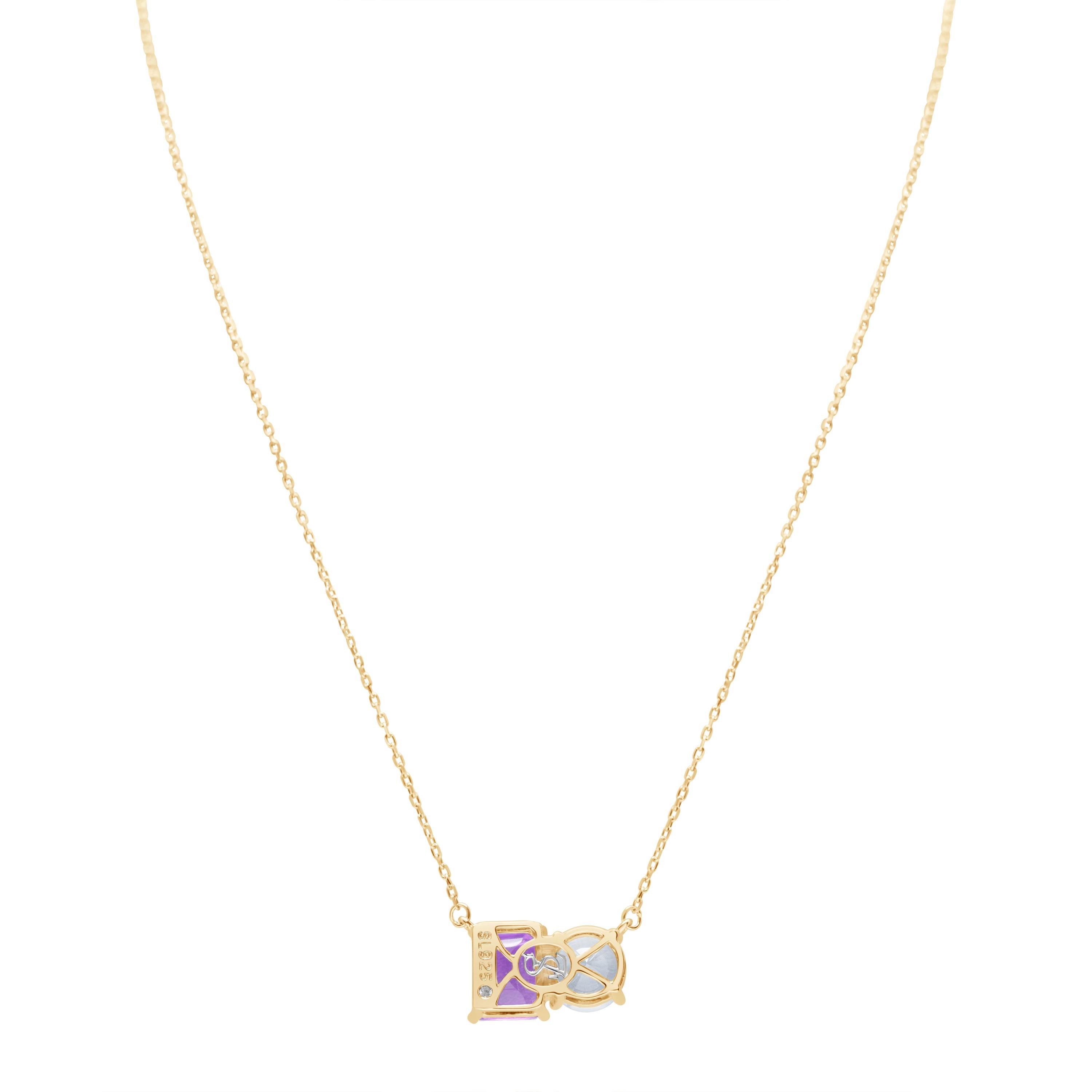 Shimmering in hues of white and purple, this Suzy Levian necklace is as on trend as can be, and features a round cut white topaz and an emerald cut purple amethyst as a perfectly matched pair. This necklace symbolizes a perfect pairing of unique