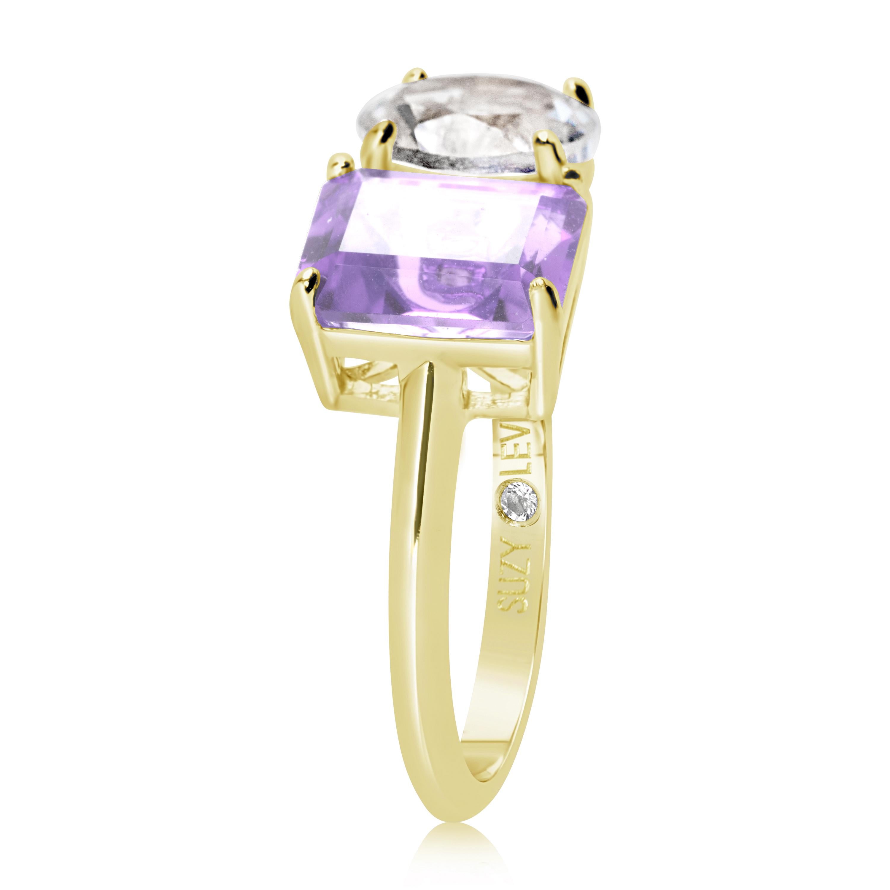 Shimmering in hues of white and purple, this Suzy Levian ring is as on trend as can be, and features a round cut white topaz and an emerald cut purple amethyst as a perfectly matched pair. This ring symbolizes a perfect pairing of unique shapes.