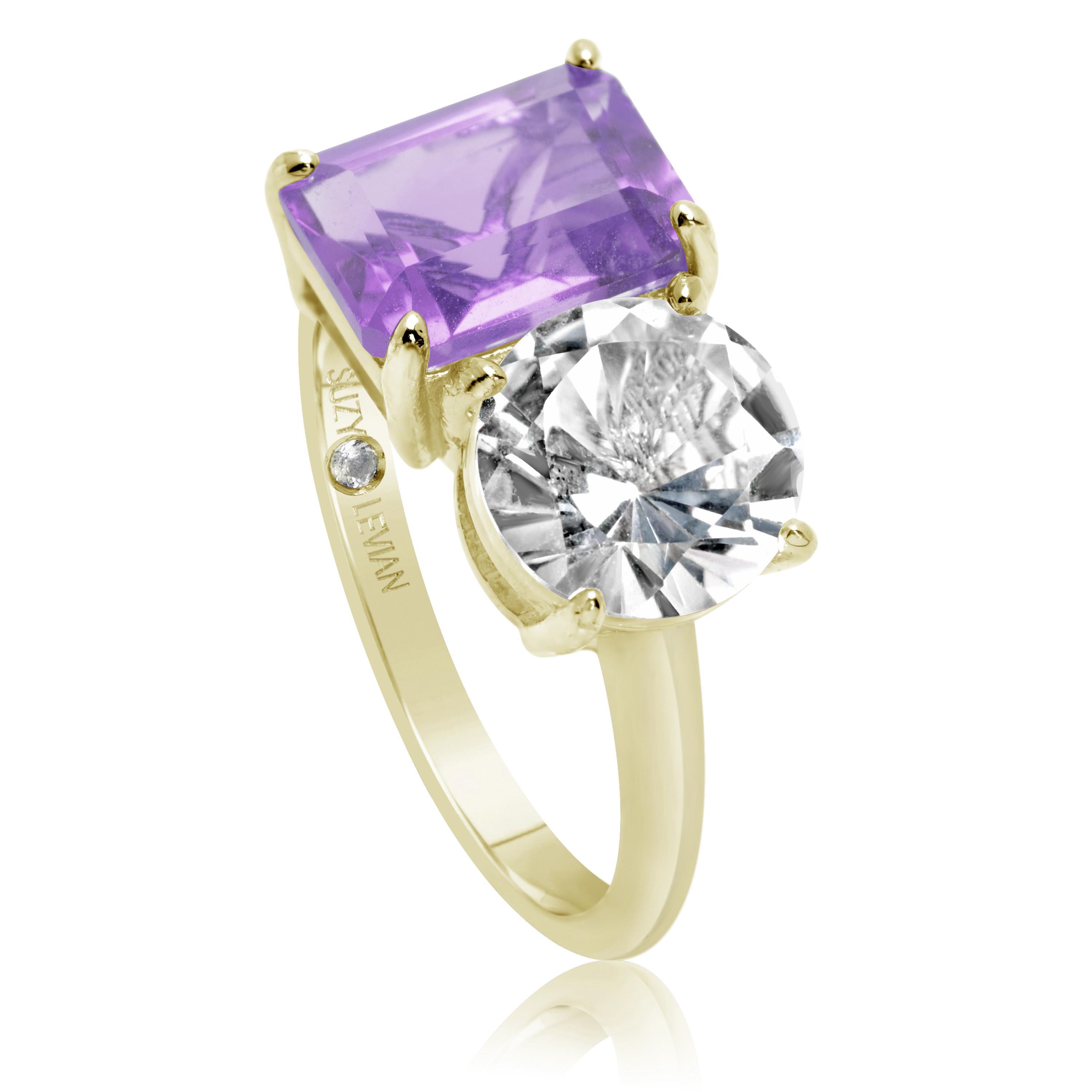 Contemporain Suzy Levian Yellow Sterling Silver White Topaz & Purple Amethyst Two Stone Ring (bague à deux pierres) en vente