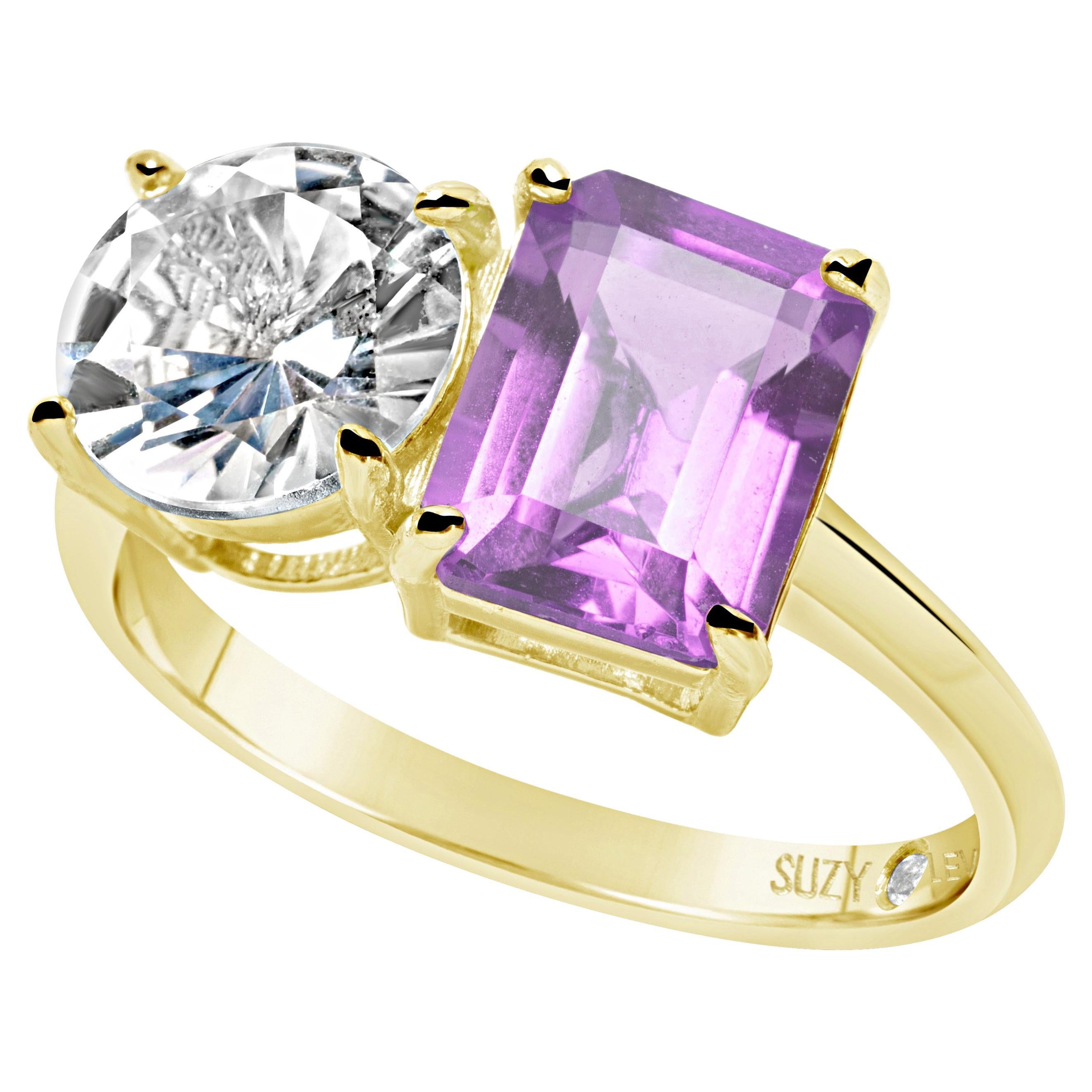 Suzy Levian Yellow Sterling Silver White Topaz & Purple Amethyst Two Stone Ring For Sale