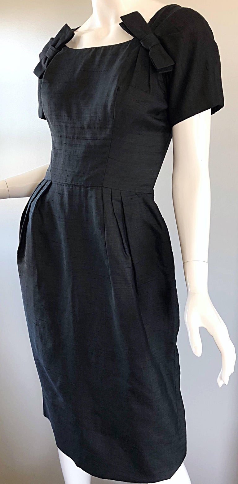Women's Suzy Perette 1950s Black Silk Shantung Short Sleeve Vintage 50s Bombshell Dress For Sale