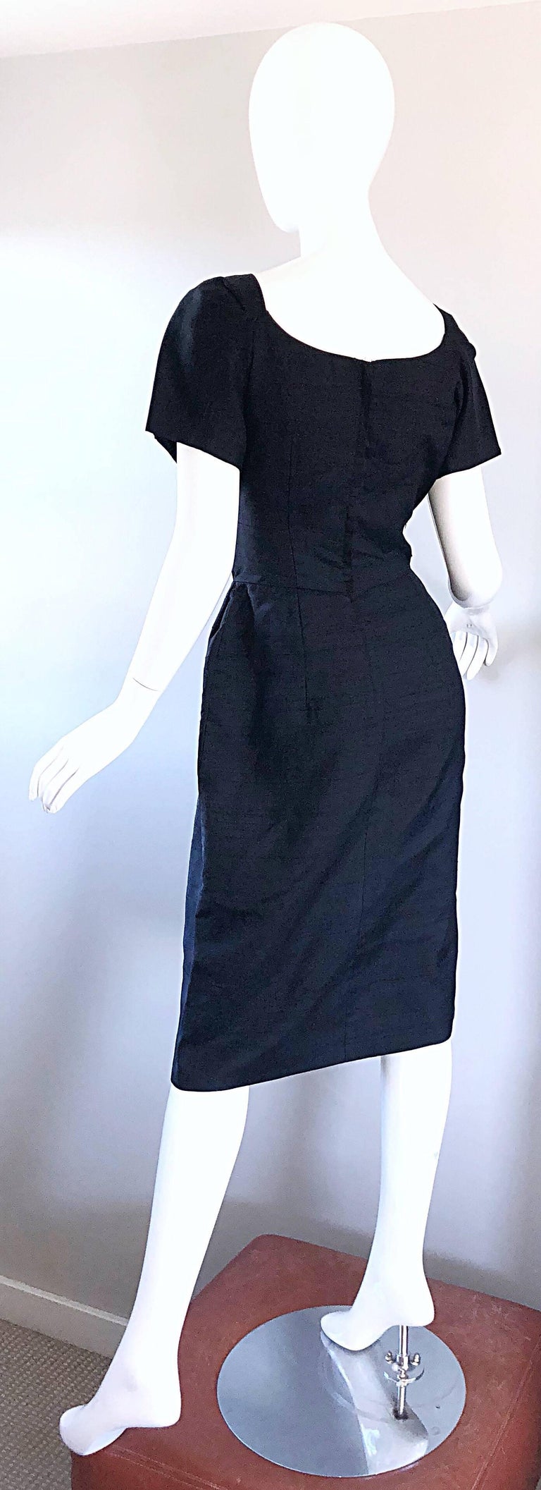 Suzy Perette 1950s Black Silk Shantung Short Sleeve Vintage 50s Bombshell Dress For Sale 1