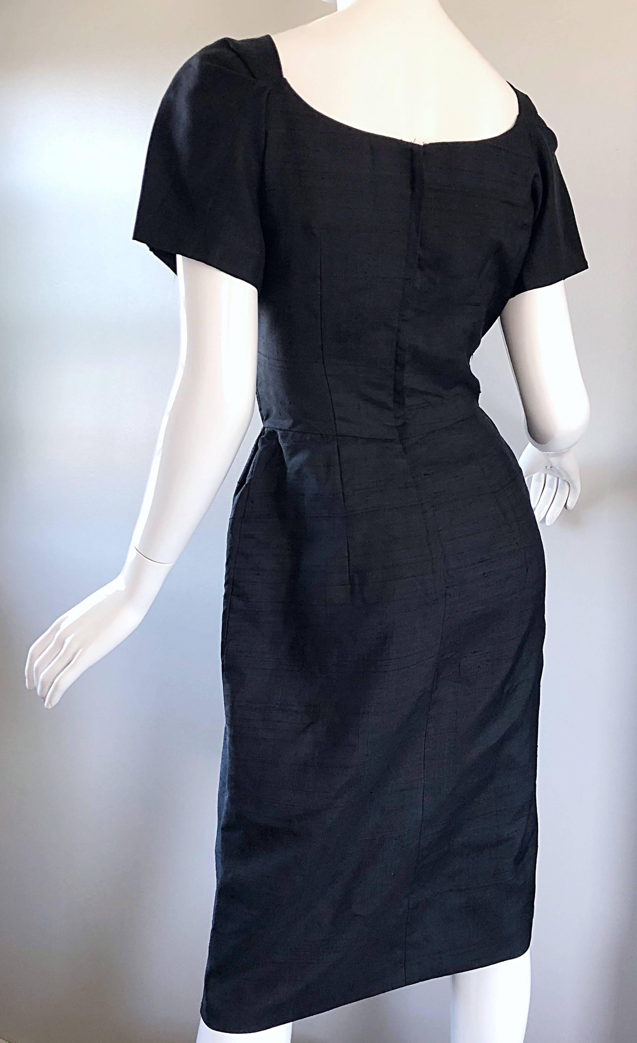 Suzy Perette 1950s Black Silk Shantung Short Sleeve Vintage 50s Bombshell Dress For Sale 1