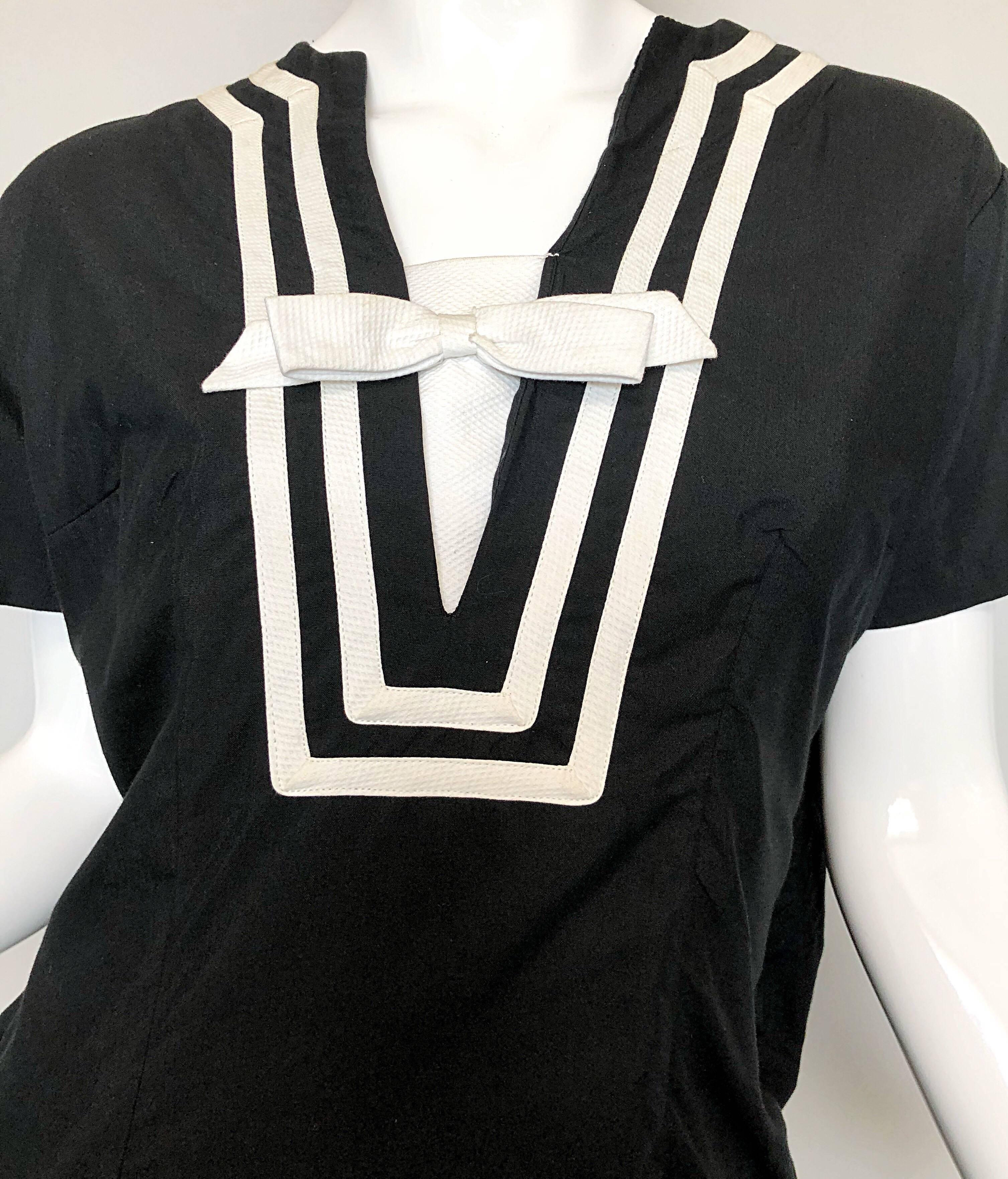 Suzy Perette 1950s Large Size Black and White Nautical Vintage 50s Cotton Dress In Excellent Condition For Sale In San Diego, CA