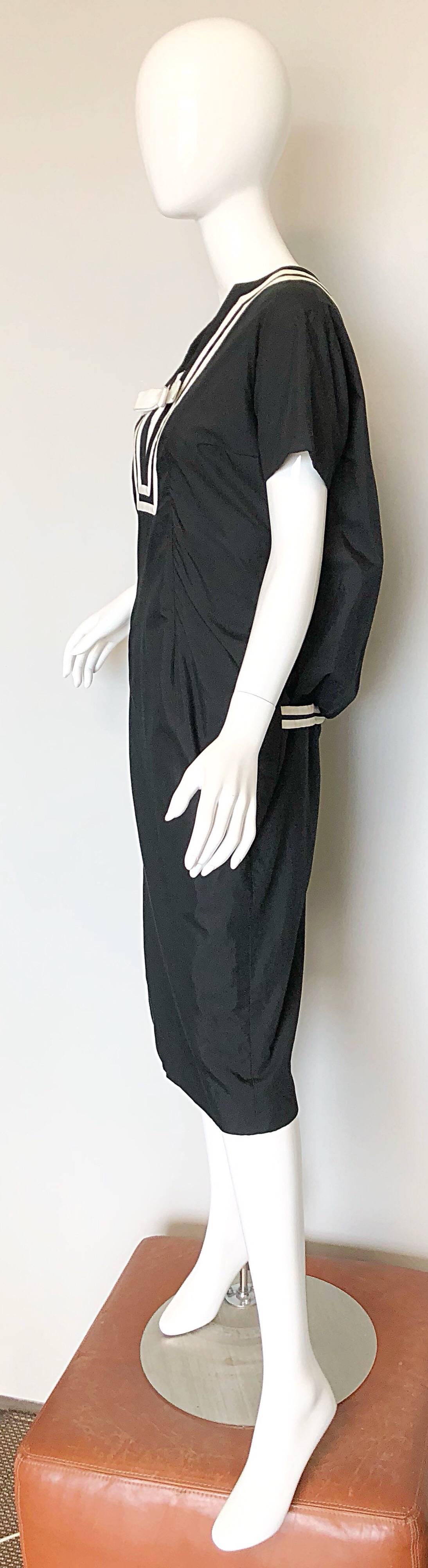 Women's Suzy Perette 1950s Large Size Black and White Nautical Vintage 50s Cotton Dress For Sale