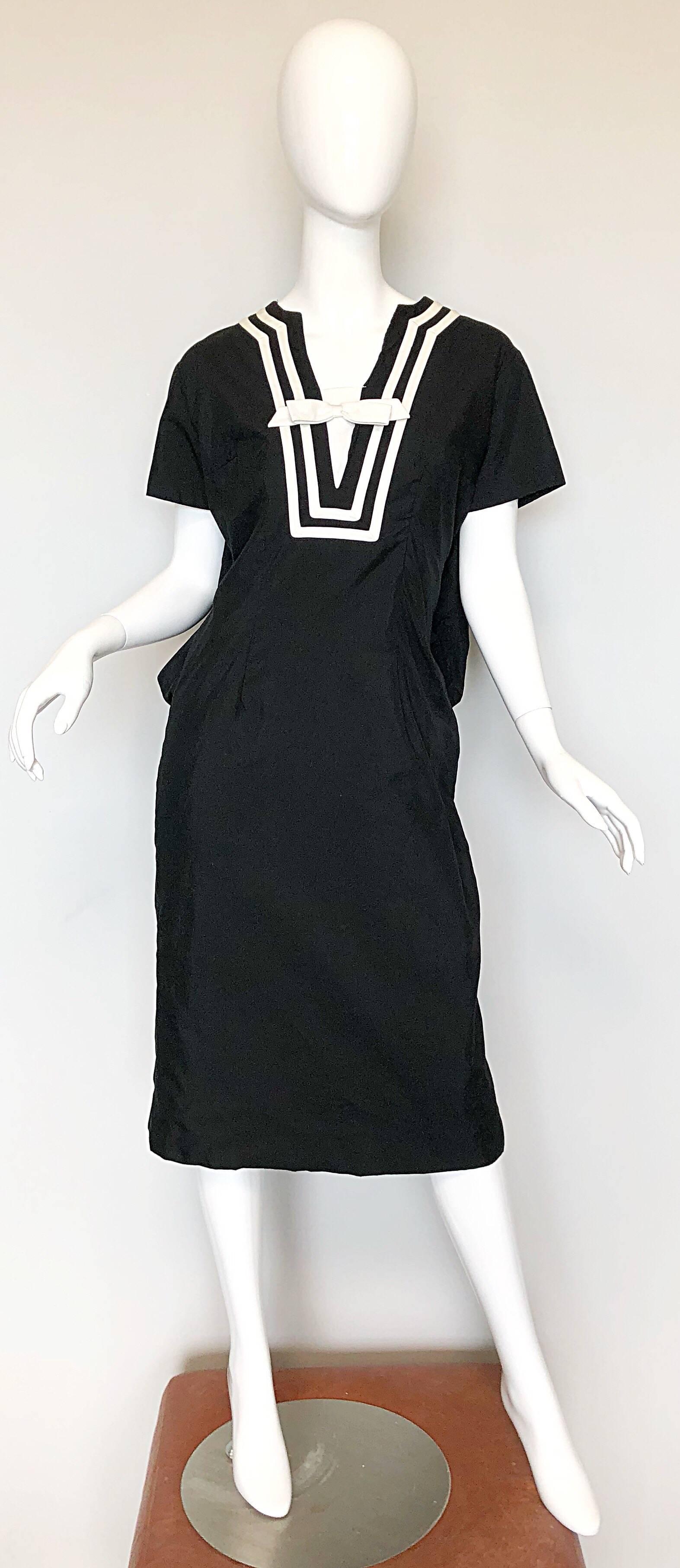 Suzy Perette 1950s Large Size Black and White Nautical Vintage 50s Cotton Dress For Sale 5