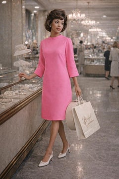 1960s Vintage Suzy Perette Pink Shift Dress with Bell Sleeves, Size M-L