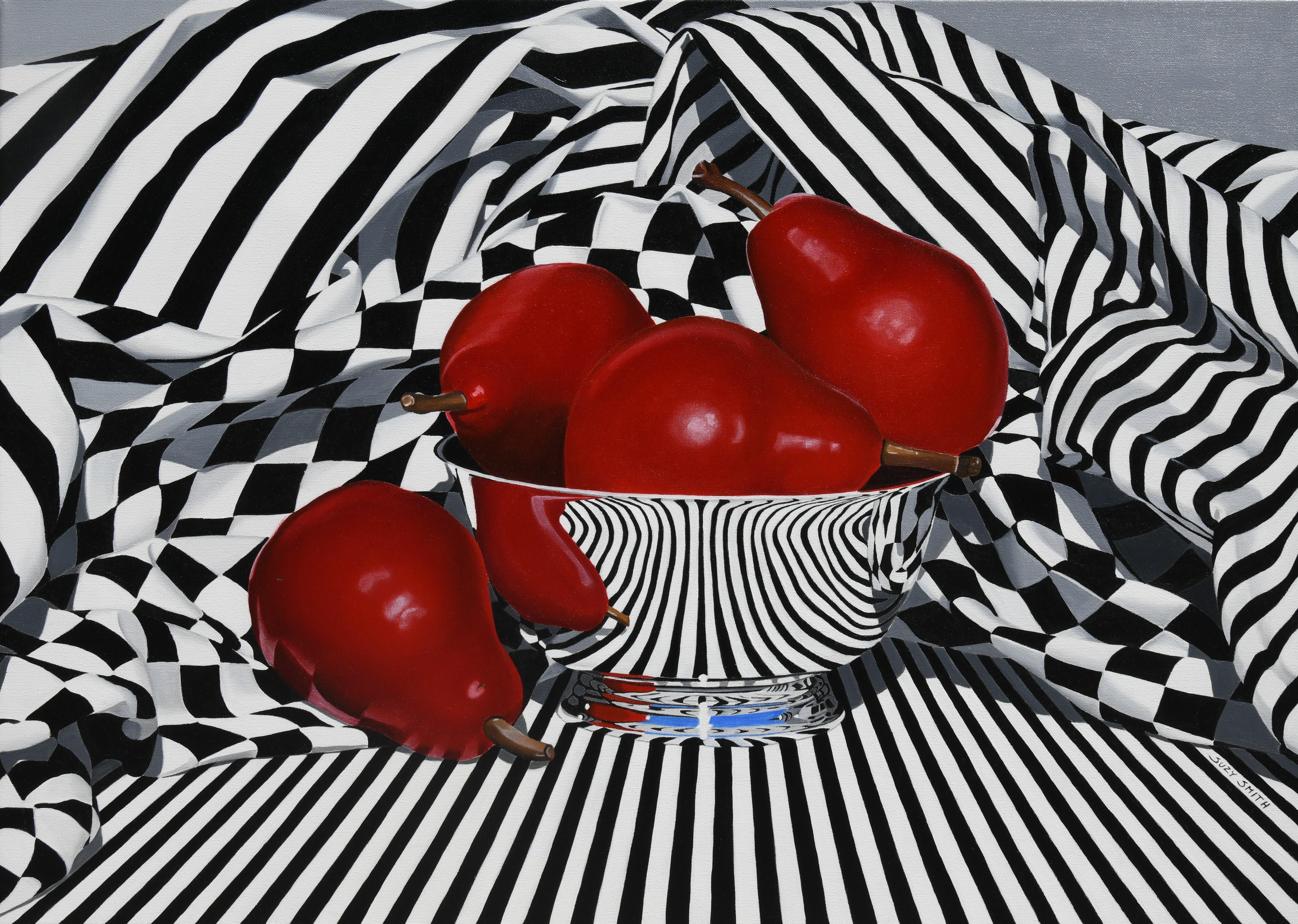 "Black, White and Red Pears" de Suzy Smith (basée aux États-Unis) est une peinture à l'huile originale qui représente des poires rouges mûres dans un bol en argent avec, en arrière-plan, un tissu noir et blanc à motifs contrastés. 

À propos de