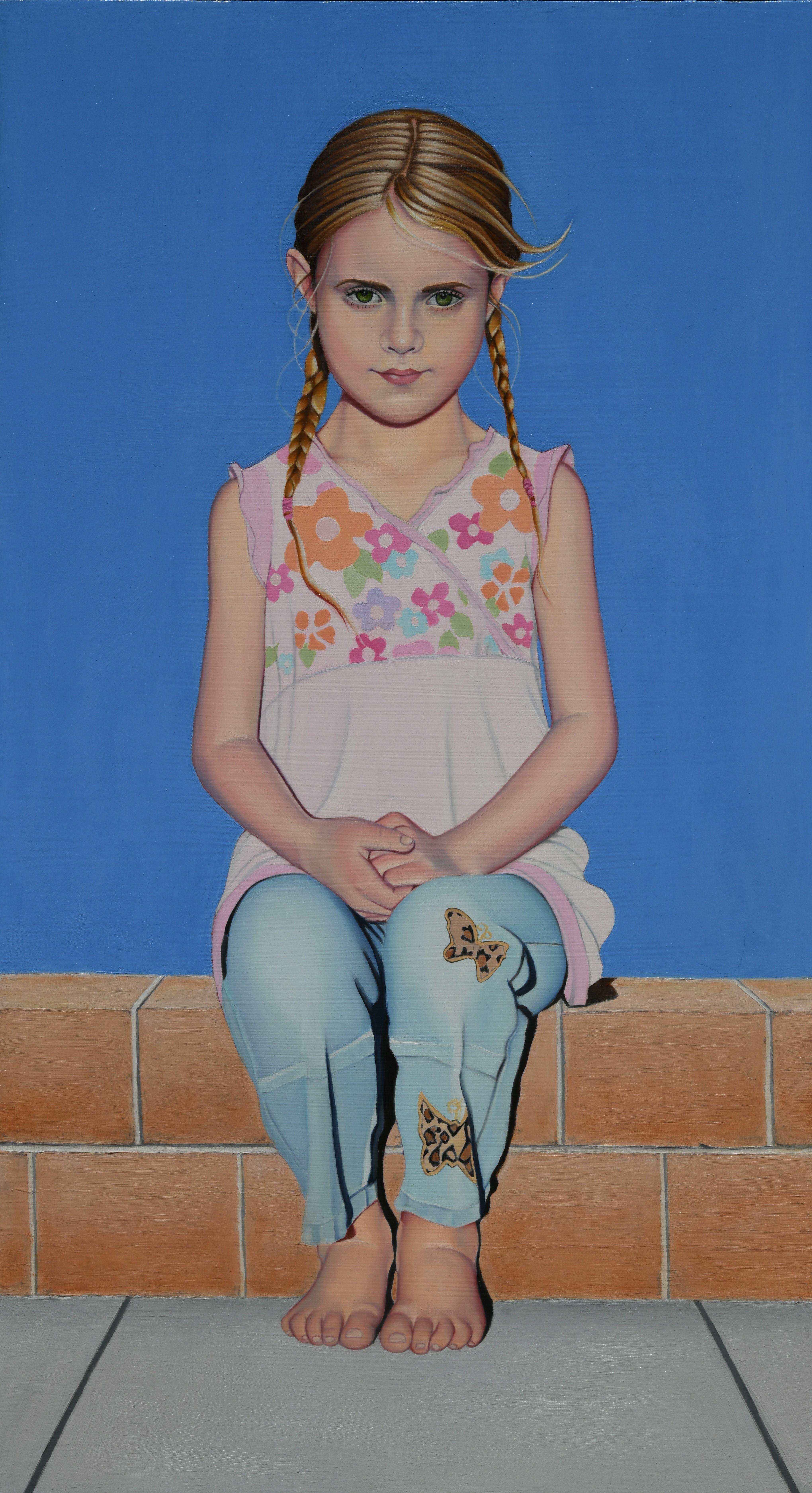"Blue Sky" di Suzy Smith (con sede negli Stati Uniti) è un dipinto a olio originale che raffigura il ritratto di una ragazza seduta con un cielo blu brillante alle spalle.  

Informazioni sull'artista:
Suzy Smith è originaria del Wyoming e