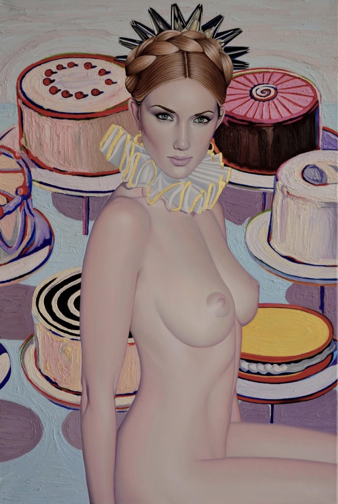 "Let Them Eat Cake" (2014) di Suzy Smith, Pittura a olio originale, Ritratto