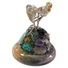 Used SV 925 Gold Plated Rooster Miniature on a Gem Mountain