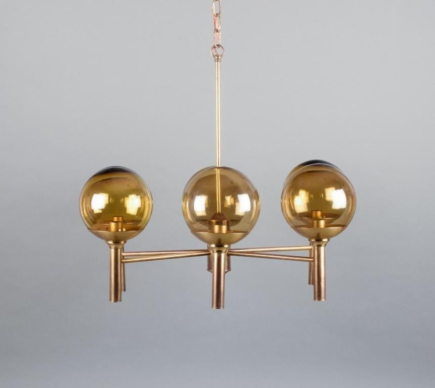 Sv. Mejlstrøm, Danish designer. Brass chandelier with glass shades. In Excellent Condition For Sale In Copenhagen, DK