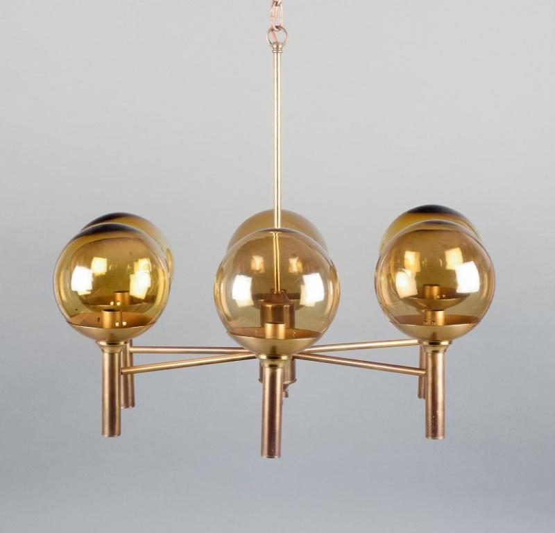 20th Century Sv. Mejlstrøm, Danish designer. Brass chandelier with glass shades. For Sale