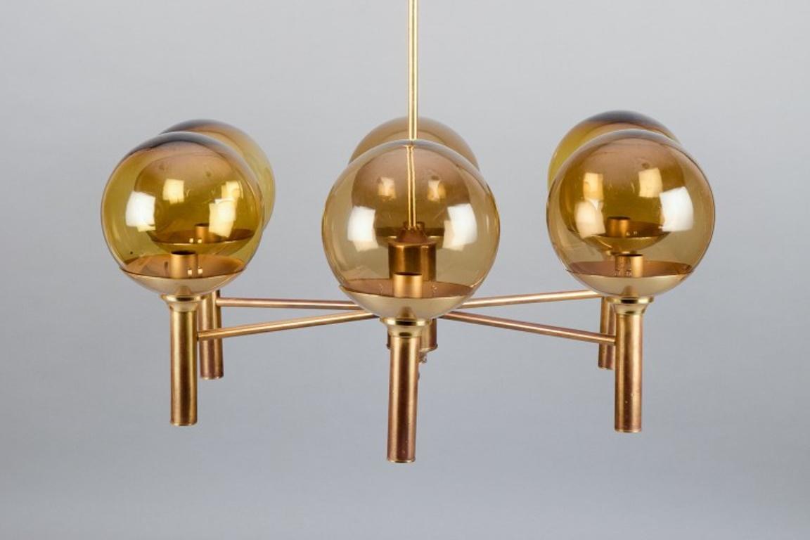 Sv. Mejlstrøm, Danish designer. Brass chandelier with glass shades. Mid-20th C. For Sale 1