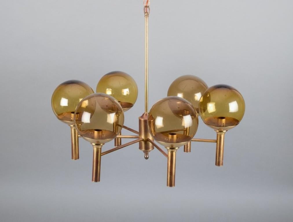Sv. Mejlstrøm, Danish designer. Brass chandelier with glass shades. Mid-20th C. For Sale 2