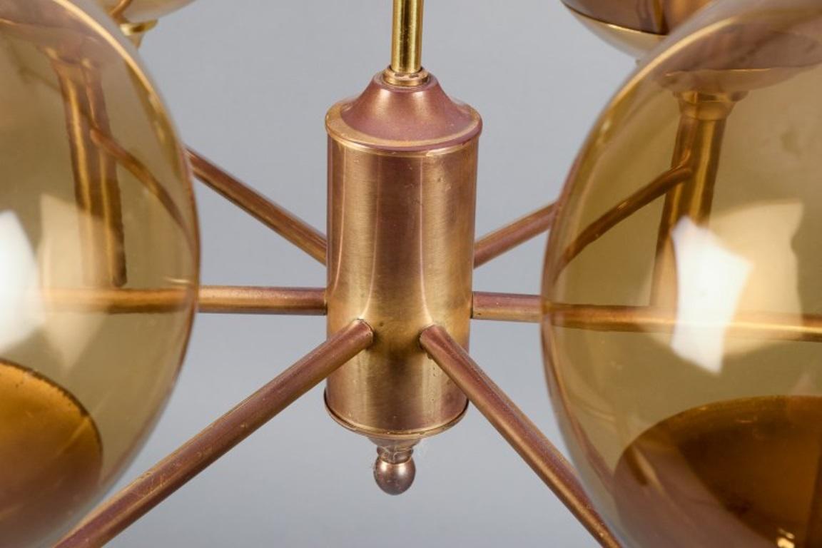 Sv. Mejlstrøm, Danish designer. Brass chandelier with glass shades. Mid-20th C. For Sale 4
