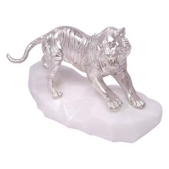 SV925 Tiger-Miniatur mit seltenem weißem Nephrit und Diamanten-Augen