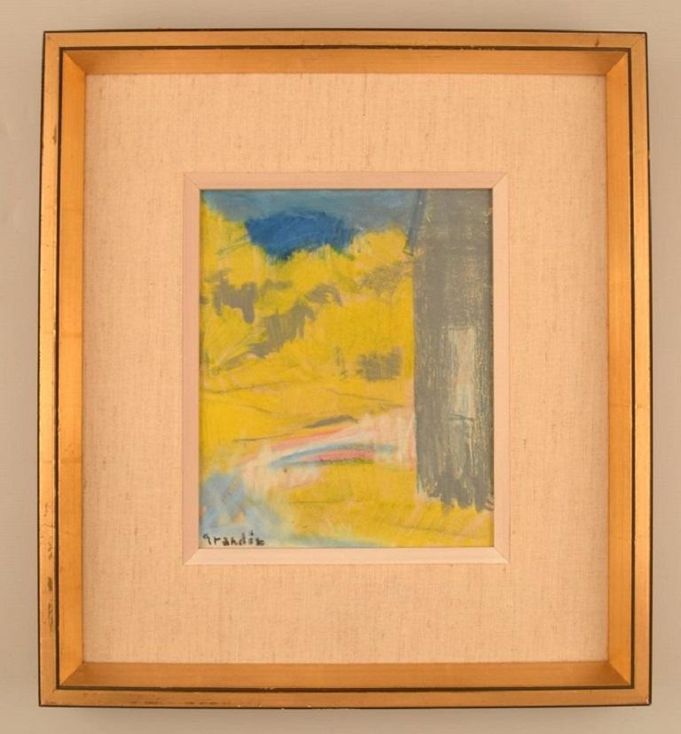Svän Grandin (1906-1982), artiste suédois. Huile sur planche. Paysage moderniste. 
Milieu du 20e siècle.
Diamètres visibles : 21,5 x 17 cm.
Dimensions totales : 35,5 x 31,5 cm.
Le cadre mesure : 2,5 cm.
En parfait état.
Signé.
