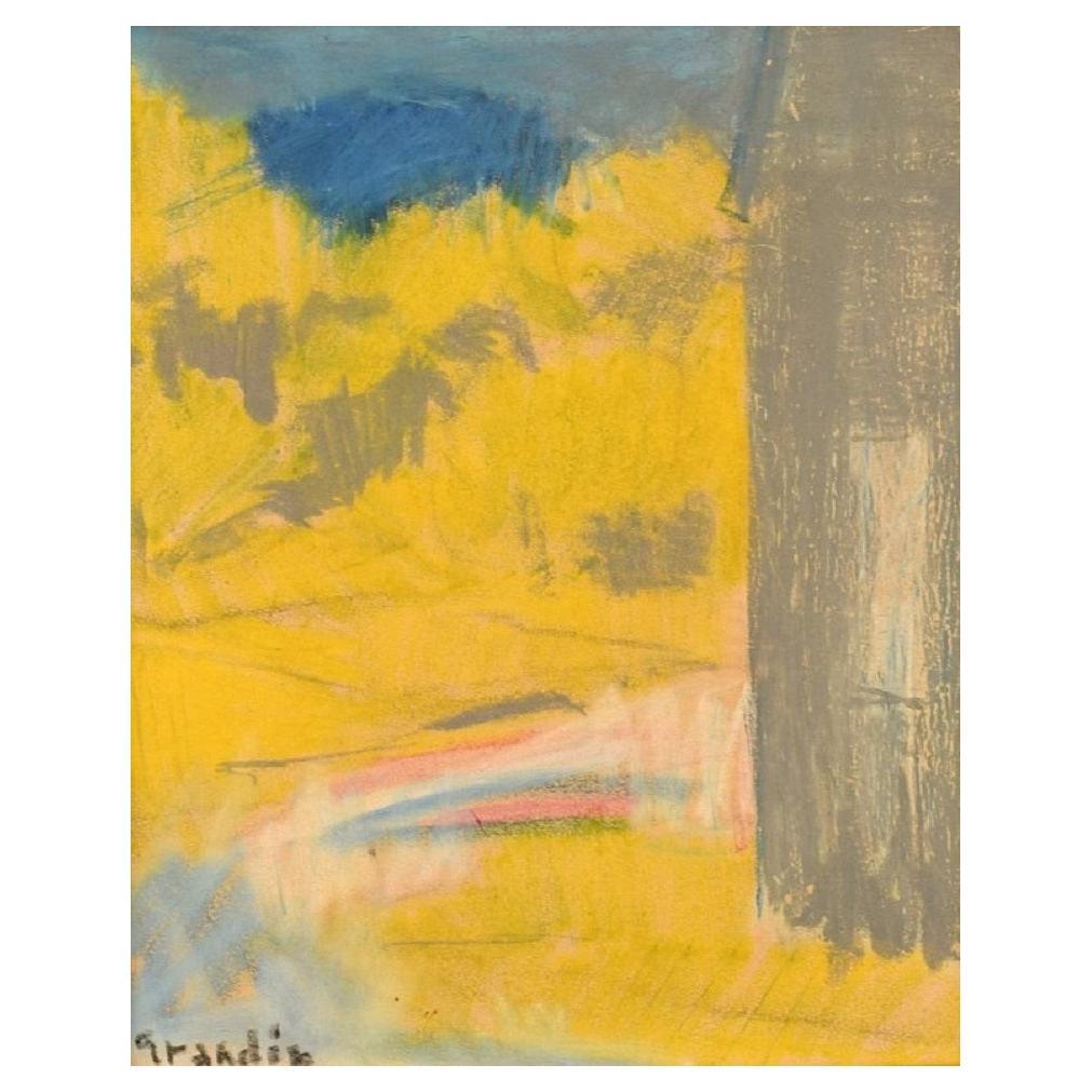 Svän Grandin, artiste suédois, huile sur carton, paysage moderniste