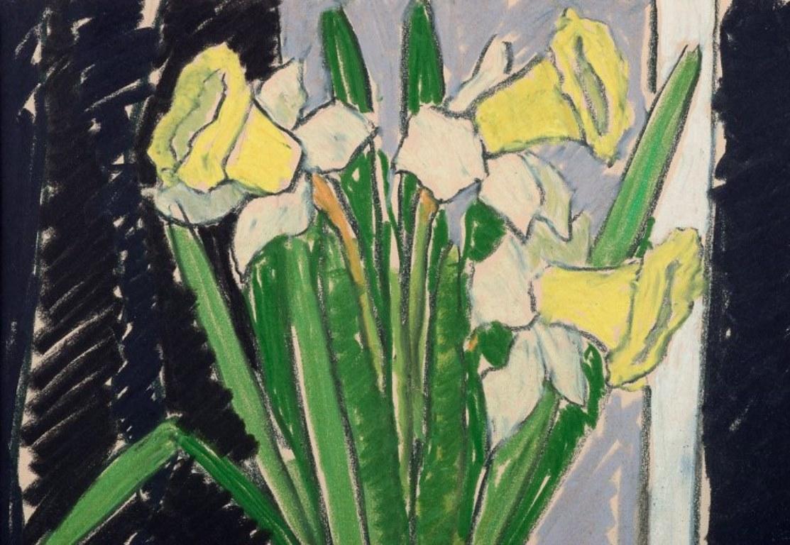Modern Svän Grandin, Swedish artist. Mixed media on paper. Floral still life. For Sale