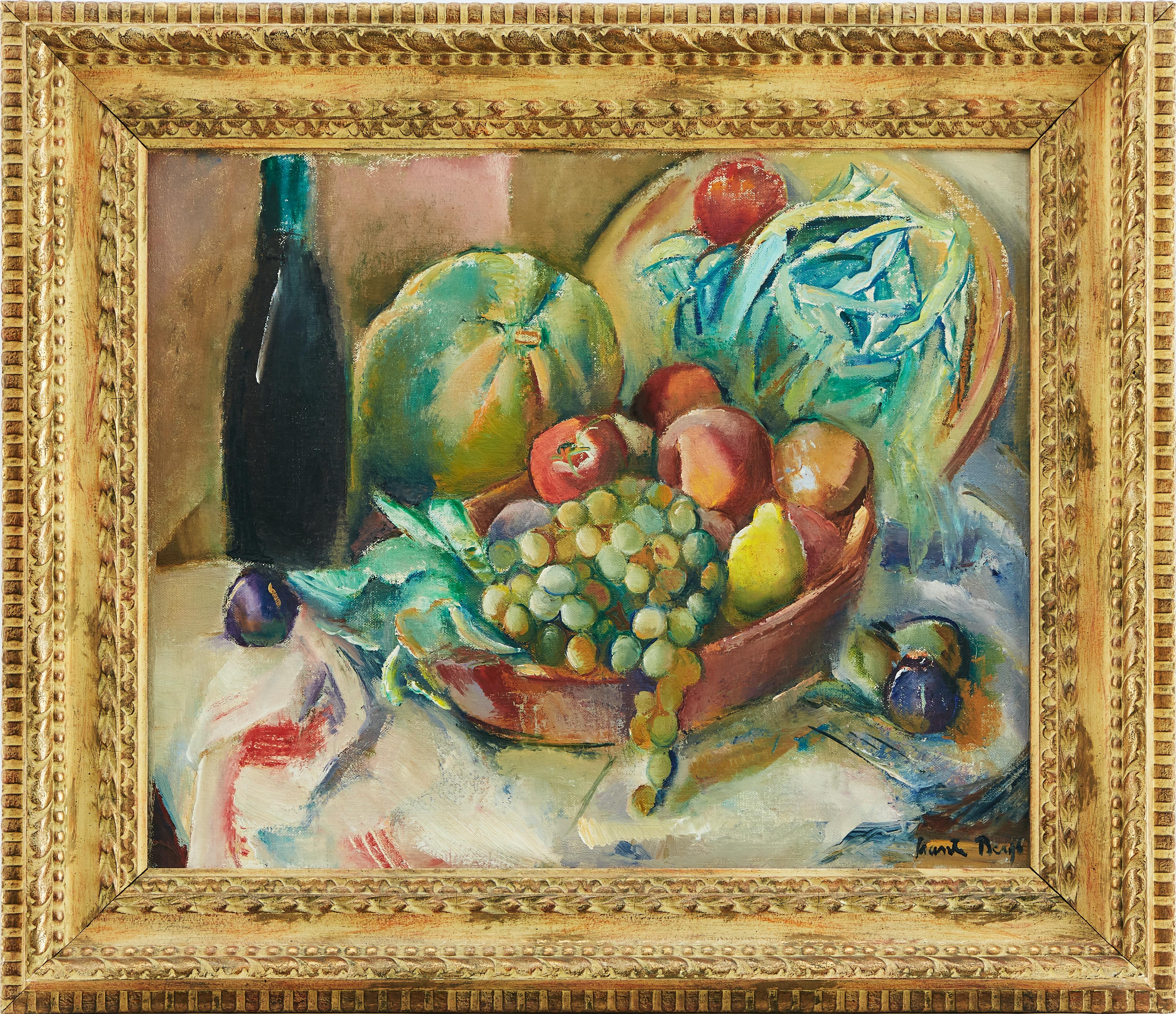 Ein schönes Stillleben mit Früchten in einem Korb auf einem Tisch von Ewald Svante Bergh, (1885-1946). Öl auf Leinwand. Bergh war ein schwedischer Maler und Mitglied der Künstlergruppe "De tolv".
Im Alter von 14 Jahren, 1899, begann er mit