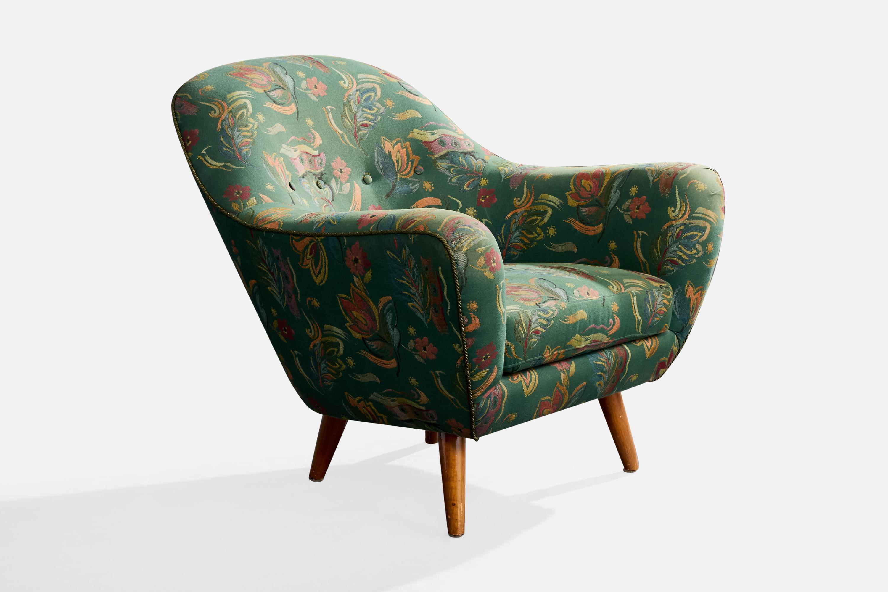 Chaise longue en bois et tissu imprimé floral vert, modèle 