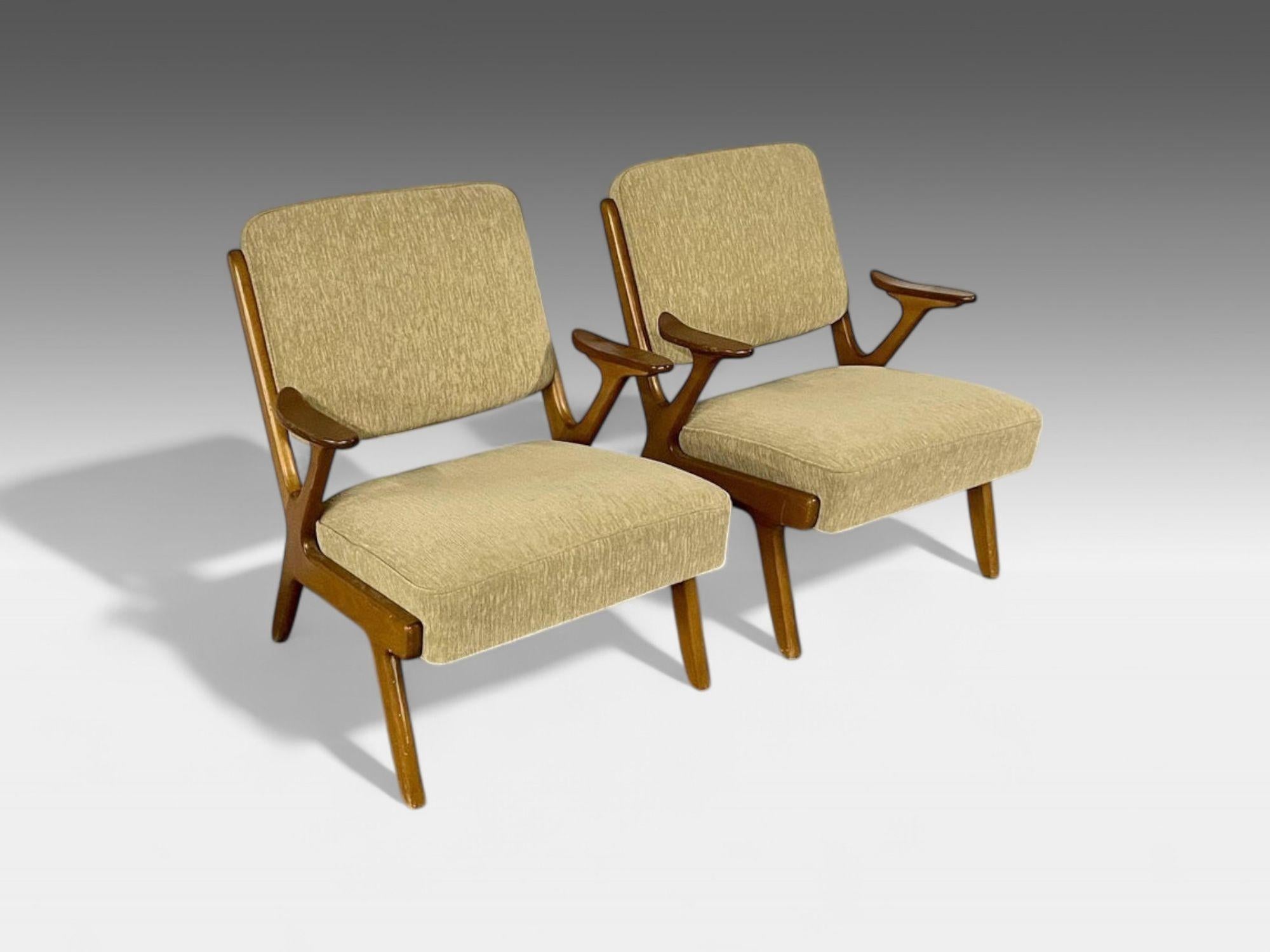 Mid-Century moderno Svegards Makaryd, Swedish Modern, Wood, Fabric, Lounge Chairs, Sweden, 1960s in vendita
